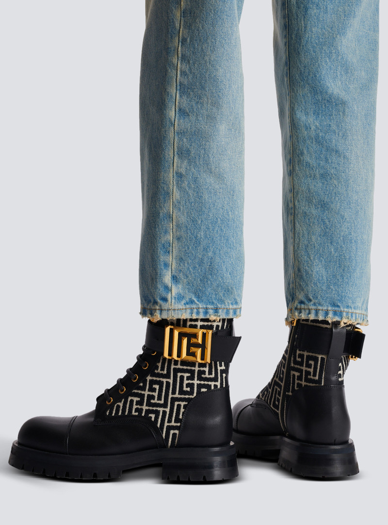 Balmain Charlie monogram jacquard and leather ranger boots outlook
