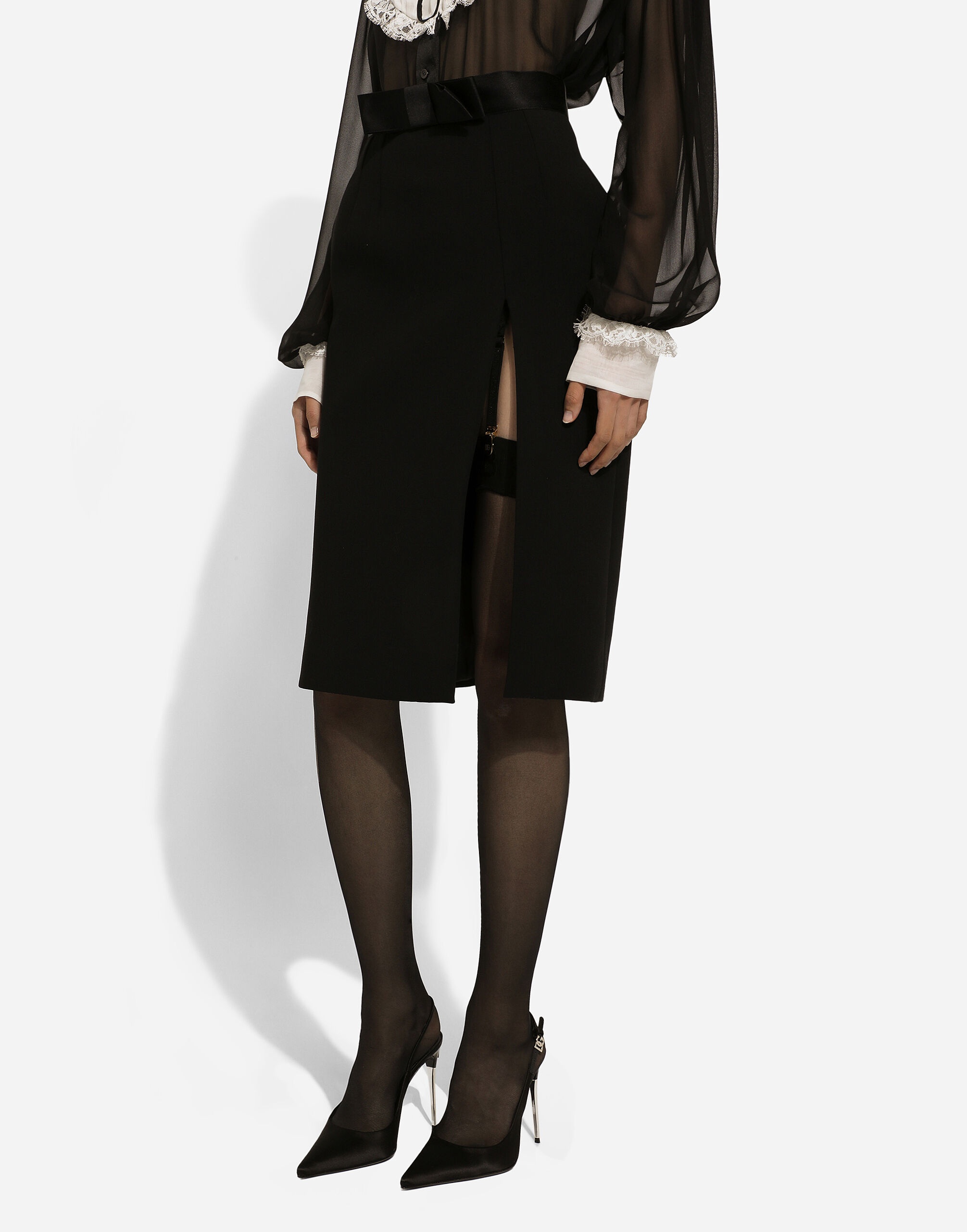 Wool midi pencil skirt with satin waistband - 6