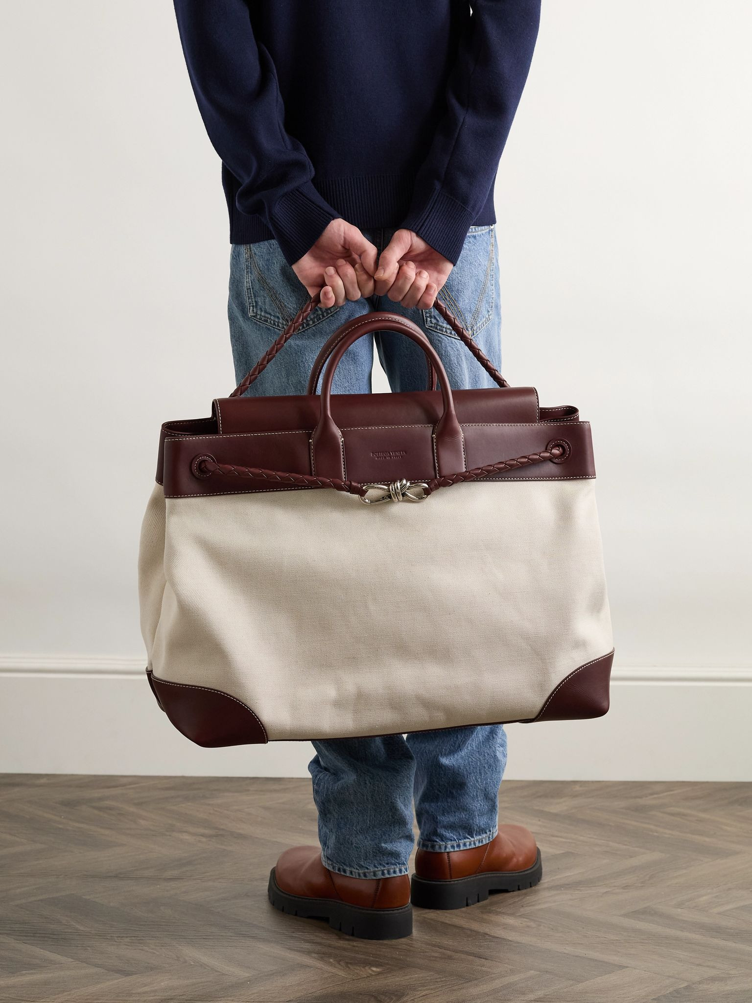Andiamo Maxi Intrecciato Leather-Trimmed Canvas Tote Bag Neutral - 7