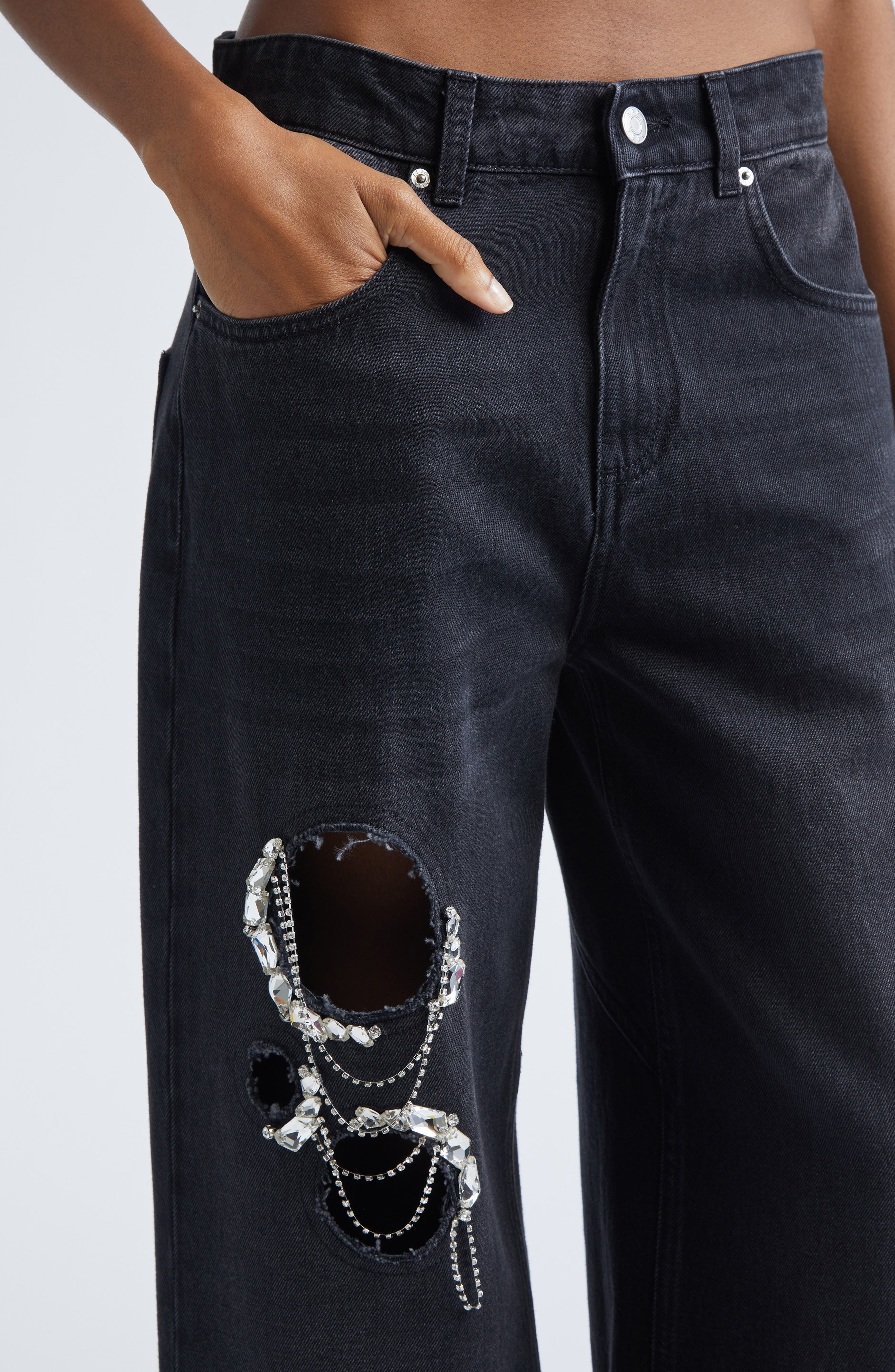 Area Crystal Chain Cutout Relaxed Jeans in Washed Black at Nordstrom - 4