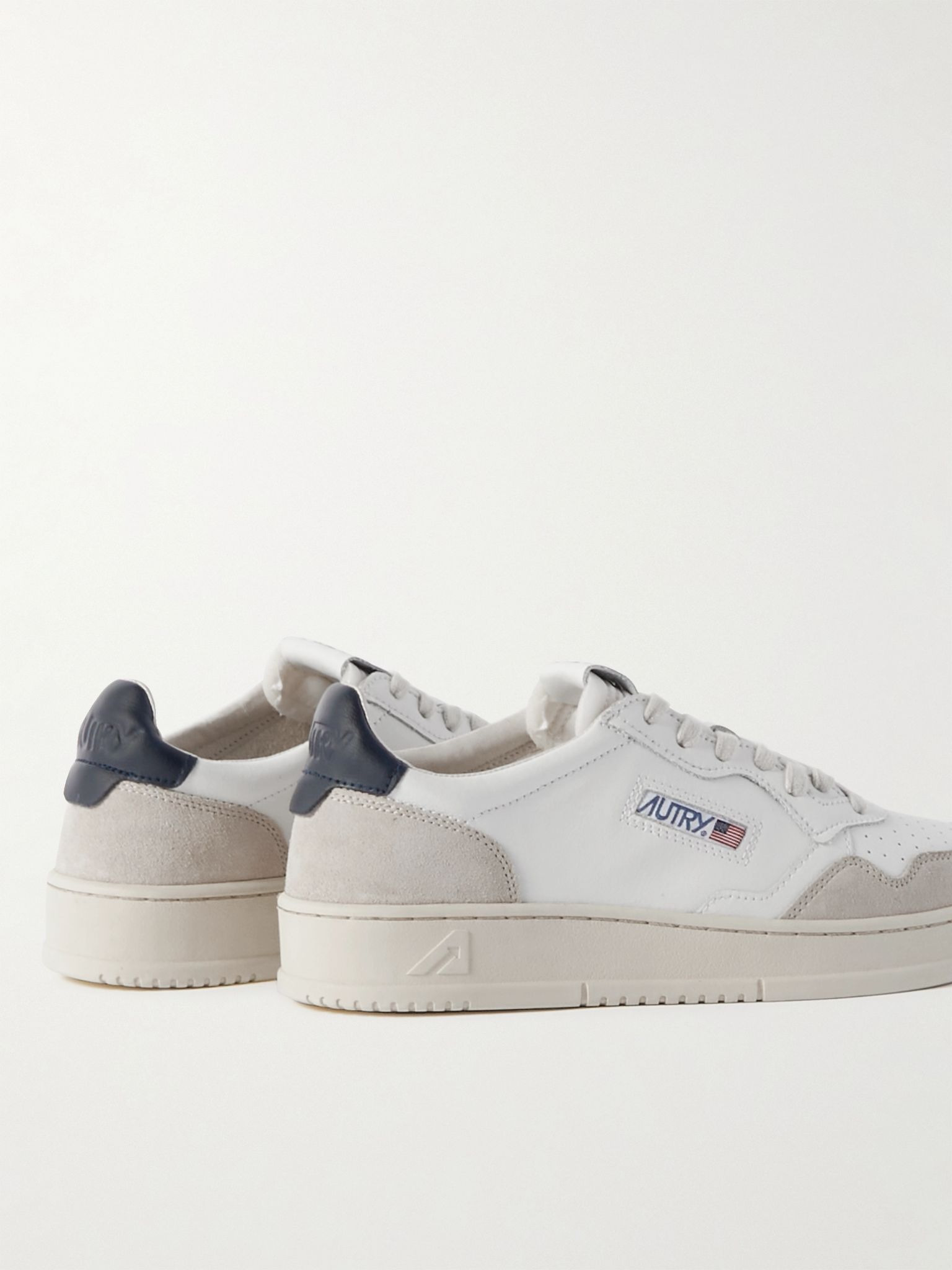 Suede-Trimmed Perforated Leather Sneakers Beige - 5