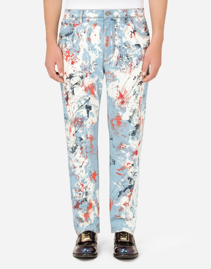 Loose light blue jeans with marbled print - 1