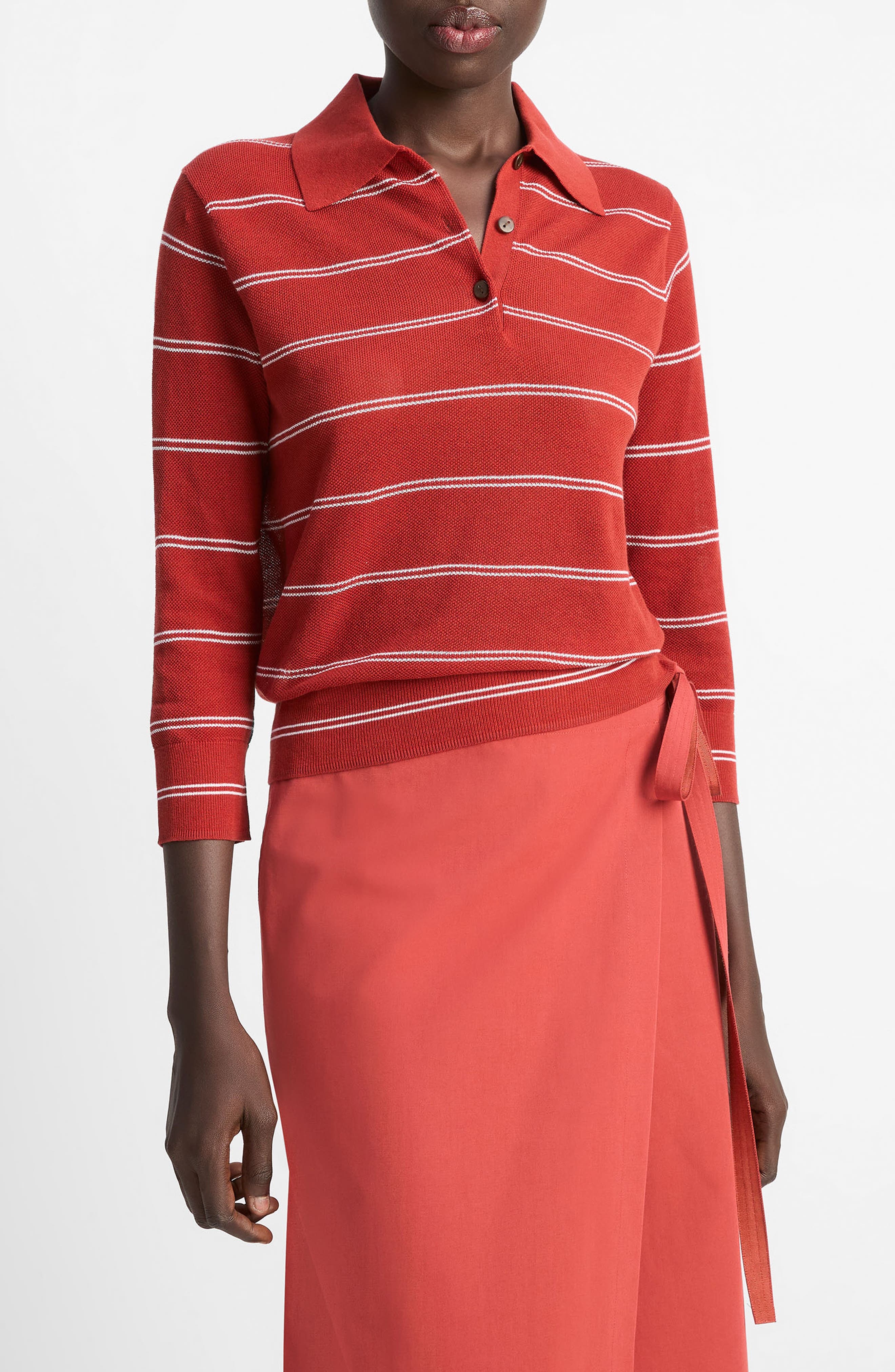 Vince Stripe Cotton Piqué Polo in Brick Rose/off White at Nordstrom - 3