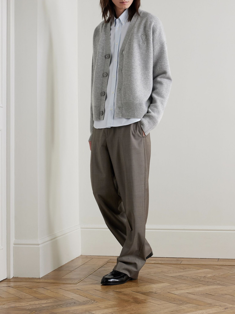 AMI Paris Logo-Embroidered Wool and Cashmere-Blend Cardigan Gray outlook