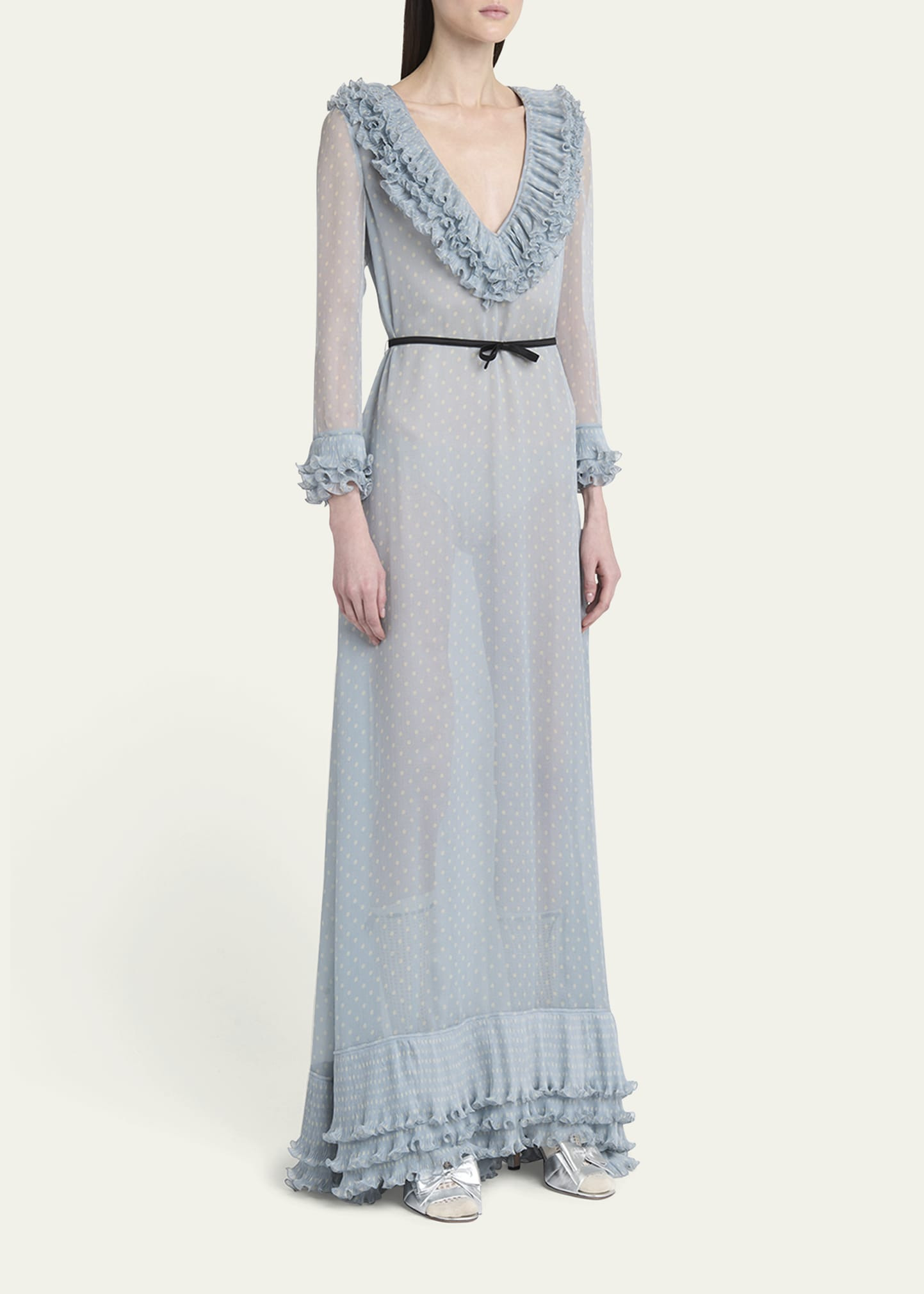 Polka Dot Layered Ruffle Sheer Gown with Ribbon - 4