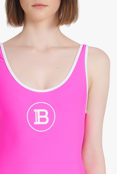 Neon pink racerback one-piece with white Balmain logo - 8