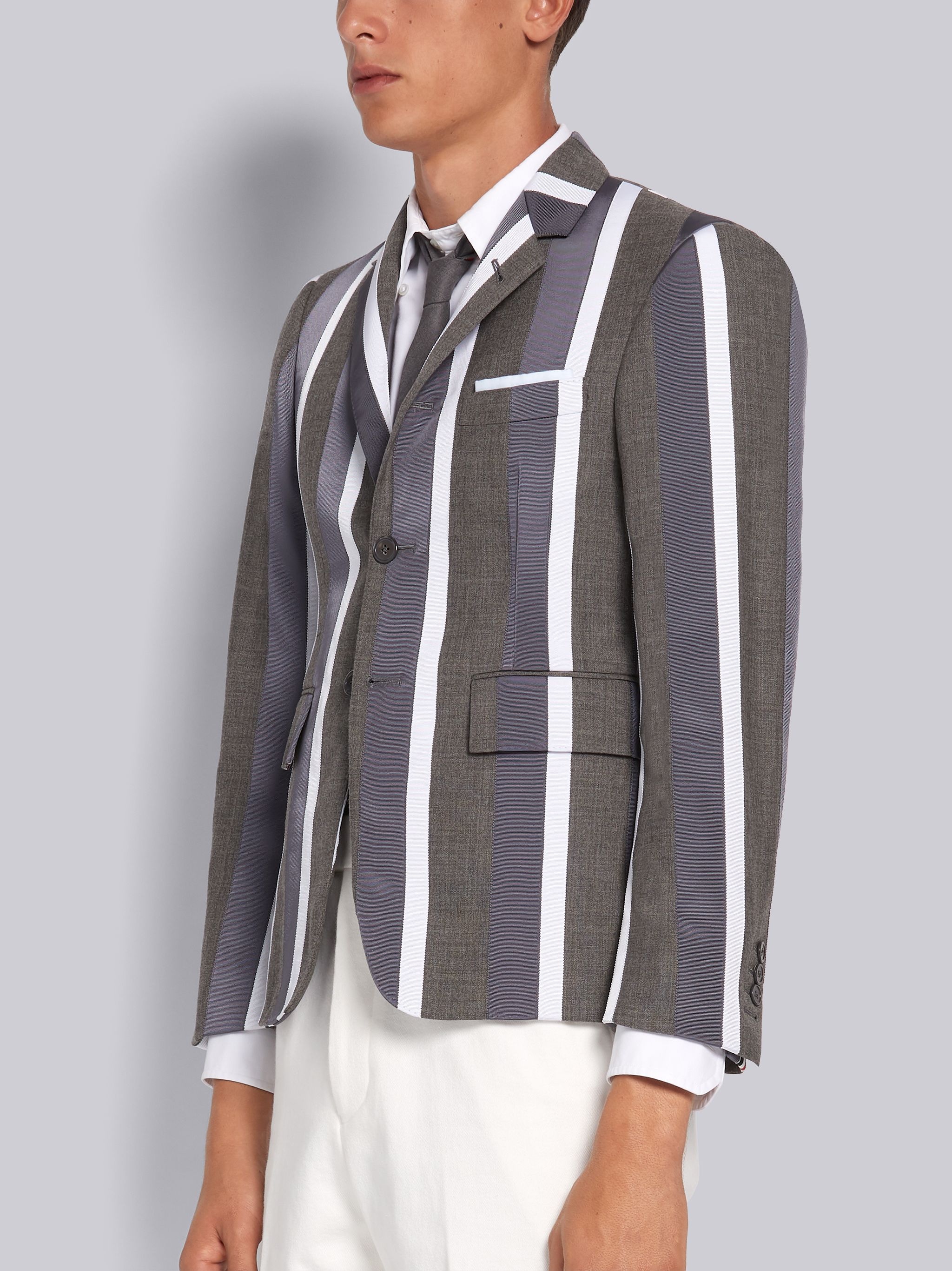 Medium Grey Wool Applied Grosgrain Repp Stripe Classic Jacket - 2