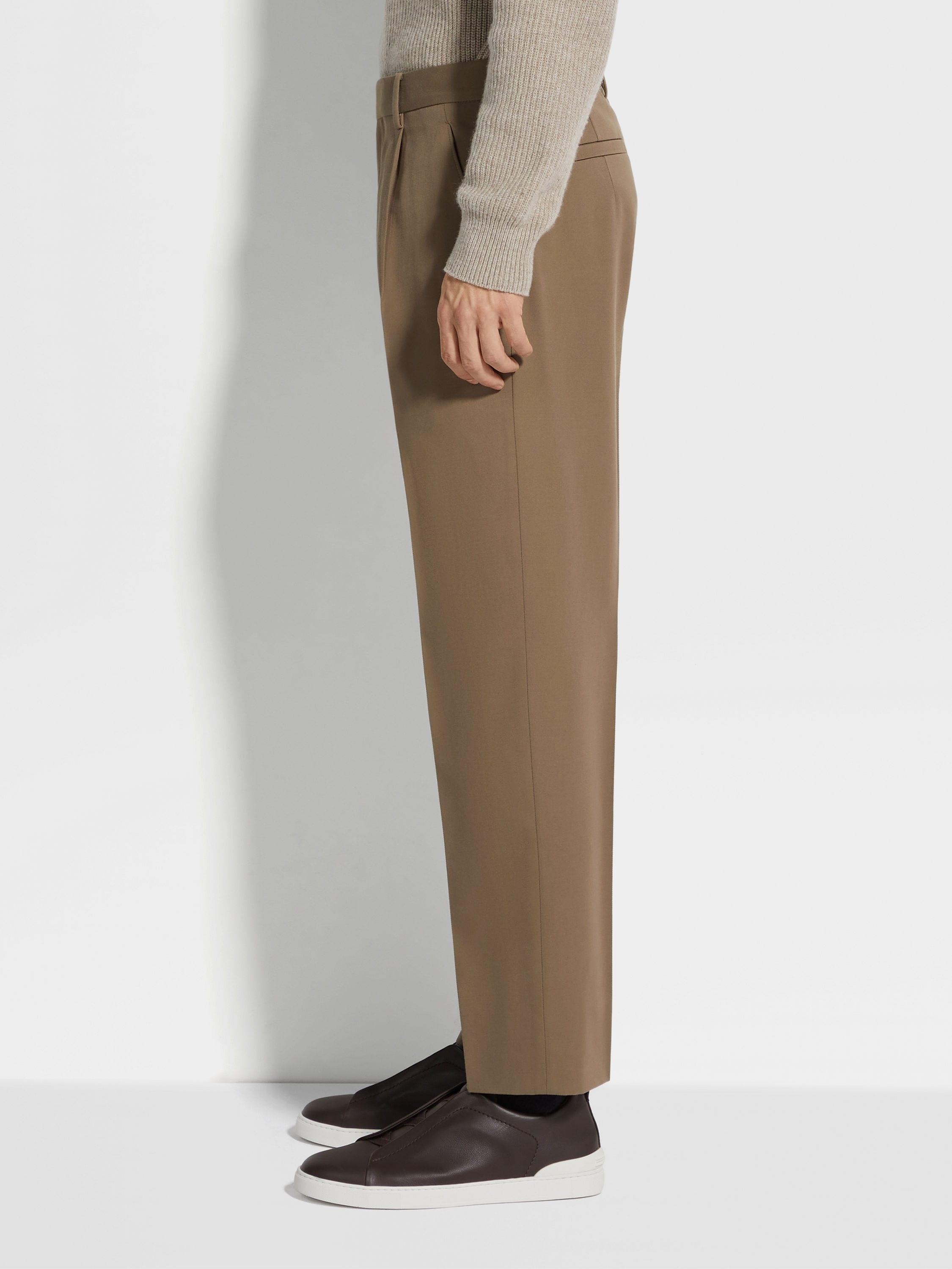 KHAKI COTTON AND WOOL PANTS - 4