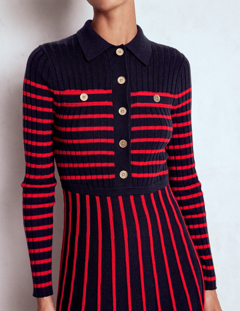 Brönte Knitted Rib Shirt Dress-Navy and Red Stripe 4