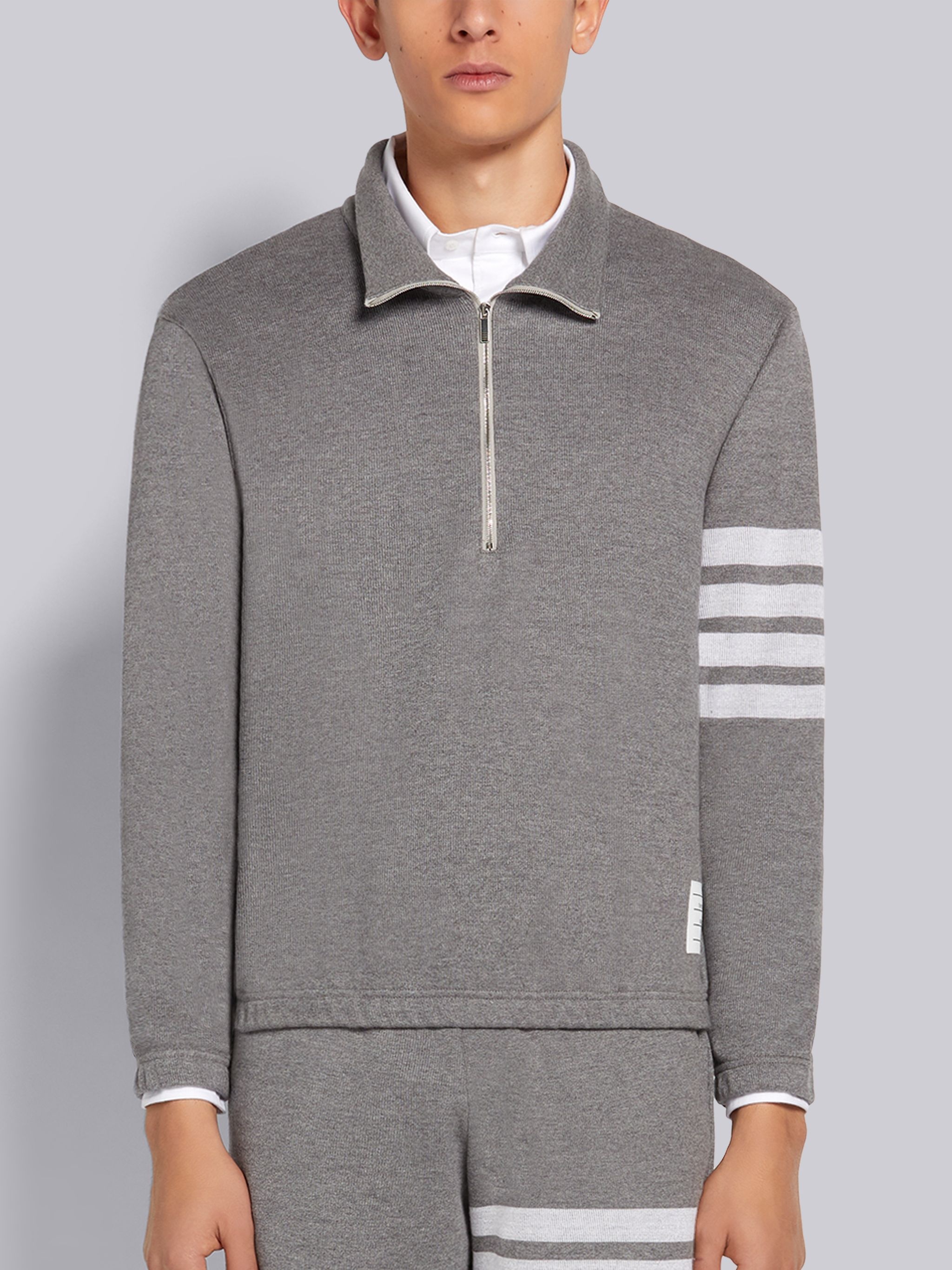 Medium Grey Double Face Cotton Knit 4-Bar Stripe Half Zip Funnel Neck Pullover - 1