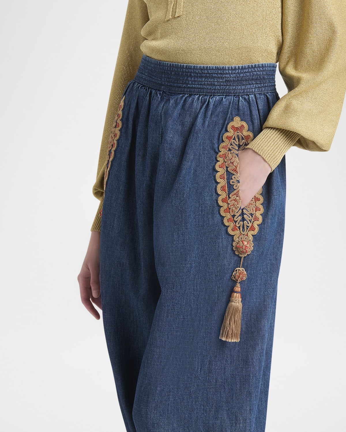 Embroidered Chambray Denim Wide-Leg Crop Blouson Trousers - 5