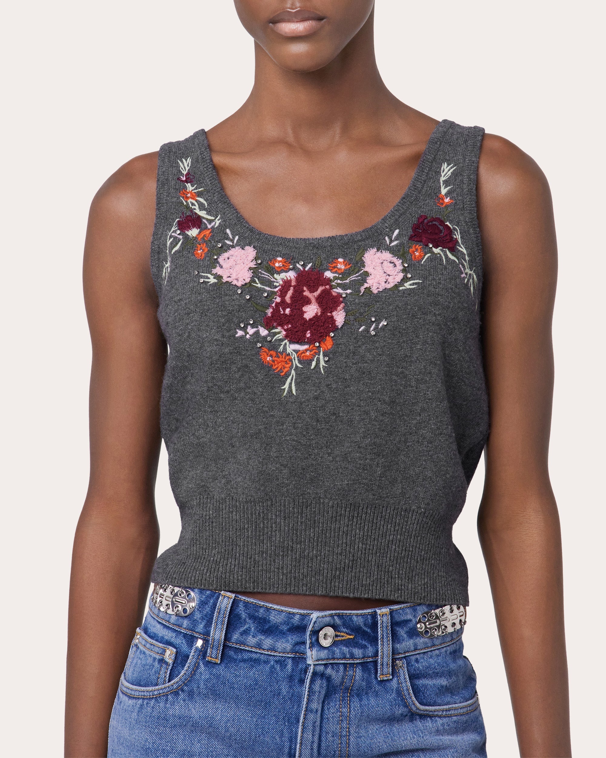 Cropped Embellished Floral Wool-Cashmere Tank Top - 5