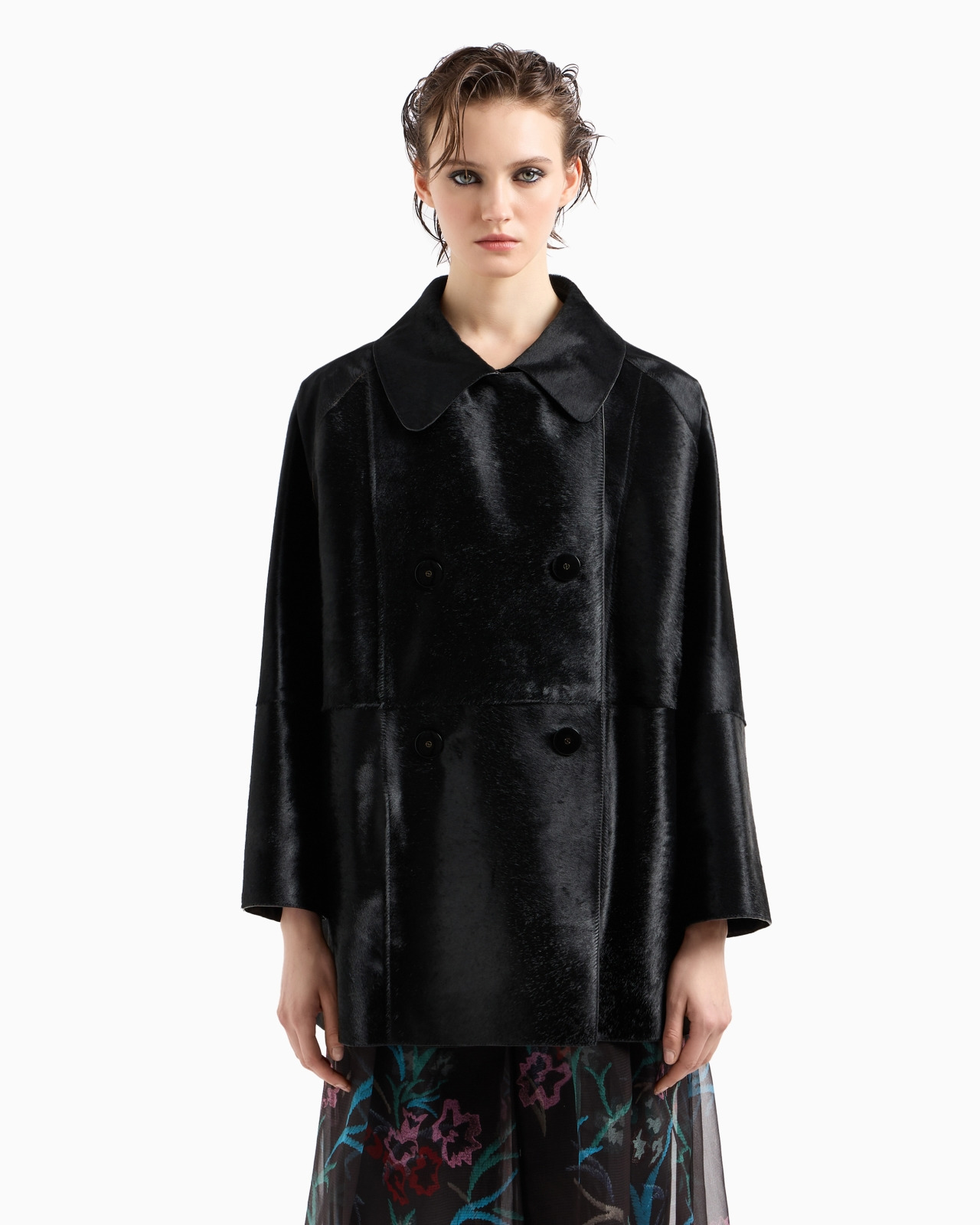 PONY SKIN-EFFECT LEATHER DOUBLE-BREASTED PEA COAT - 4