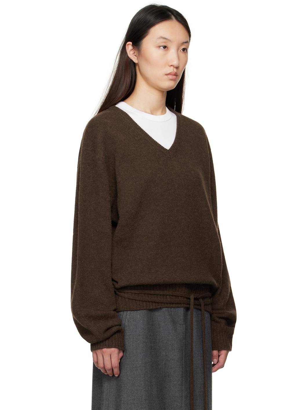 Brown Alpaca V-Neck Sweater - 2