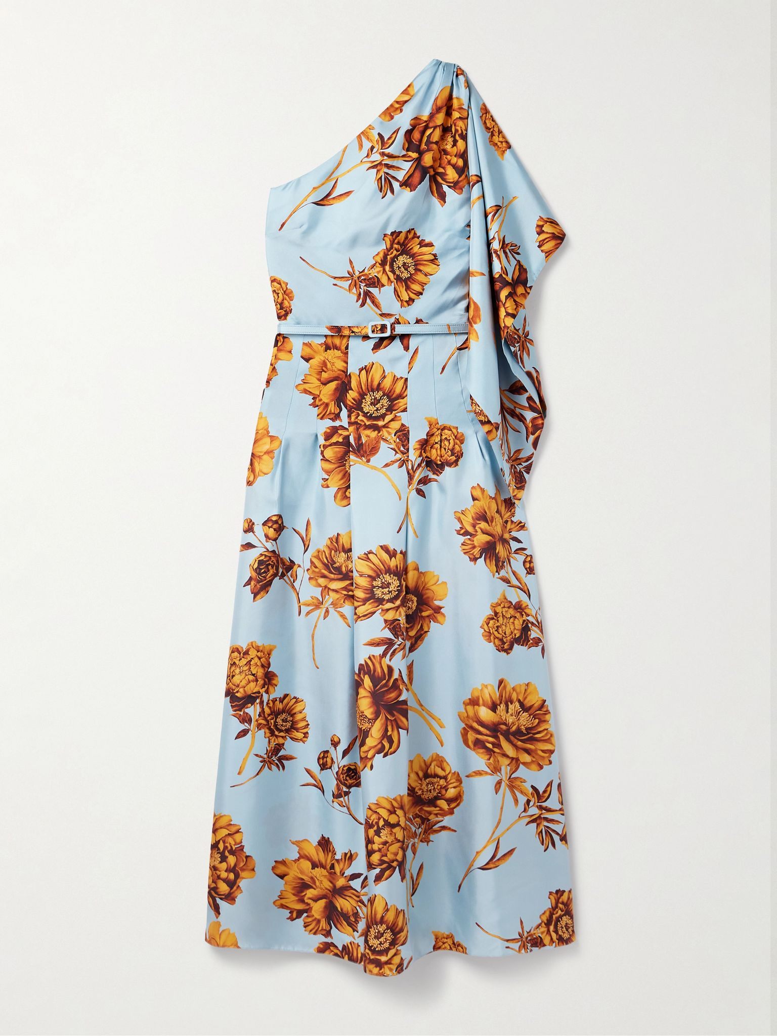 One-shoulder belted draped floral-print silk-twill midi dress Light blue - 1