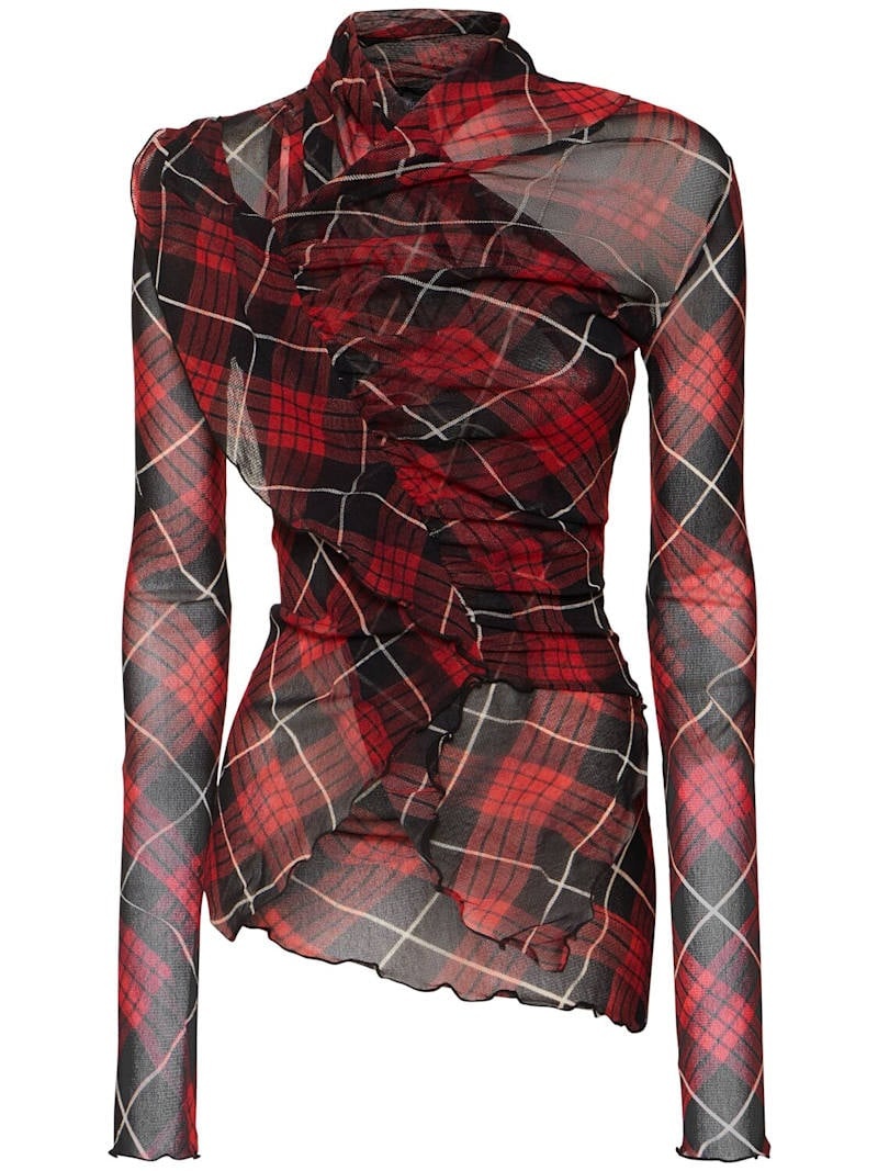 Distorted Tartan printed mesh draped top - 1