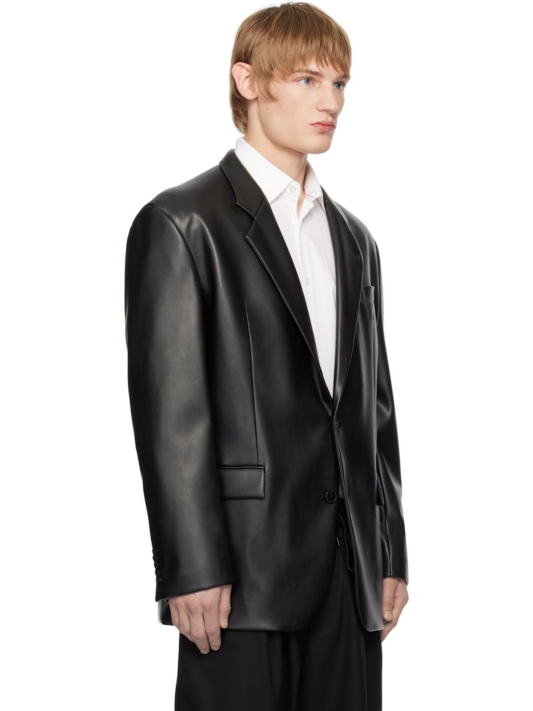 Black Vented Faux-Leather Blazer - 2