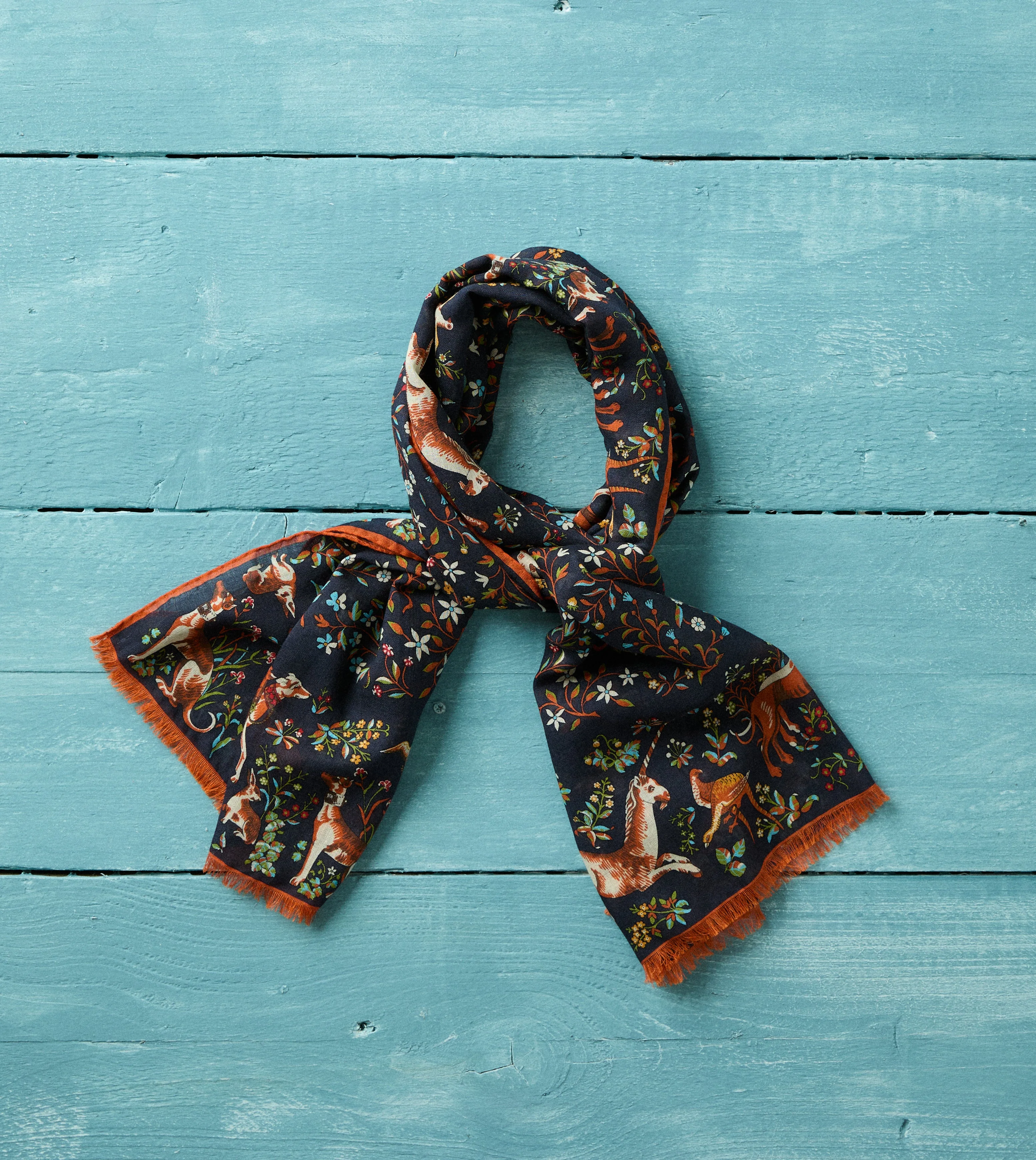 Navy Unicorn Garden Print Tubular Wool-Silk Scarf - 1