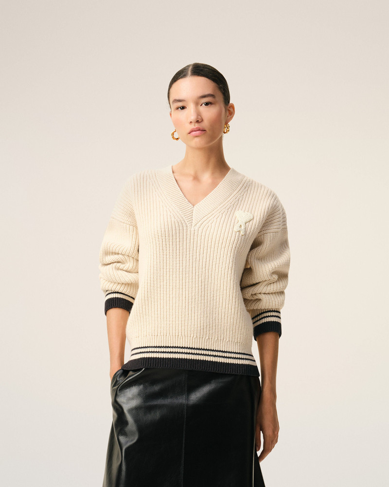 WHITE RIBBED WOOL V NECK AMI DE COEUR SWEATER 3