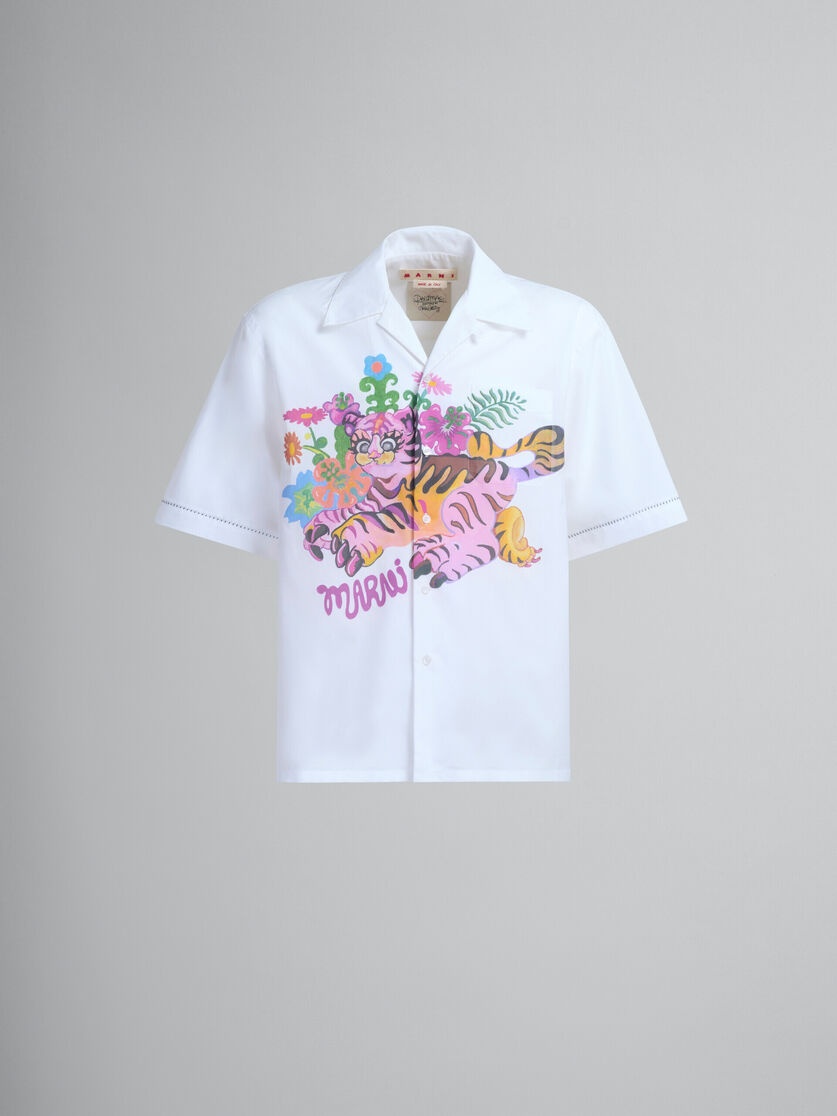 WHITE ORGANIC POPLIN BOWLING SHIRT WITH PRINT - 2