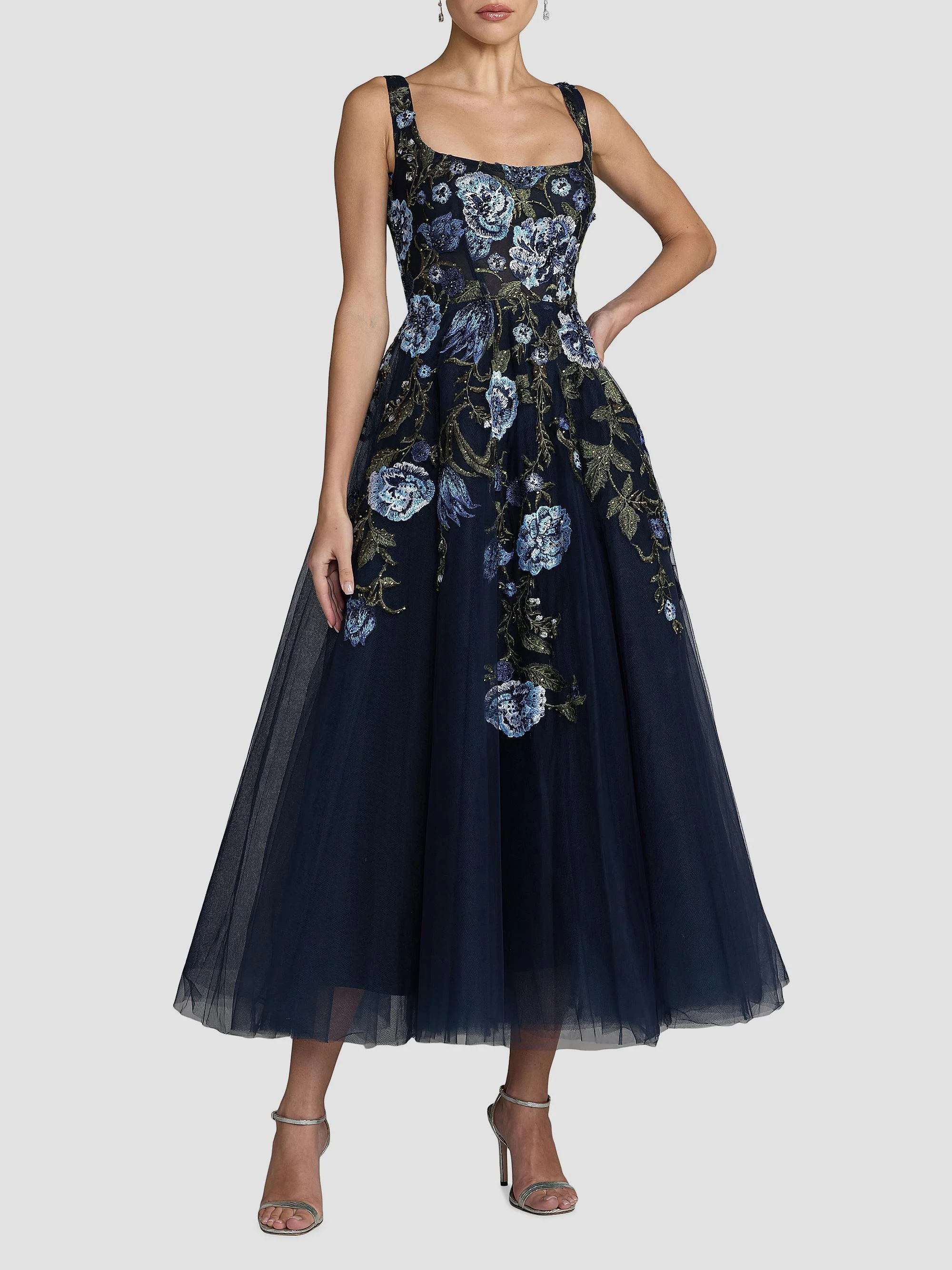 Women's Floral Embroidered Tulle Tea-Length Cocktail Dress - Blue Multi - 1