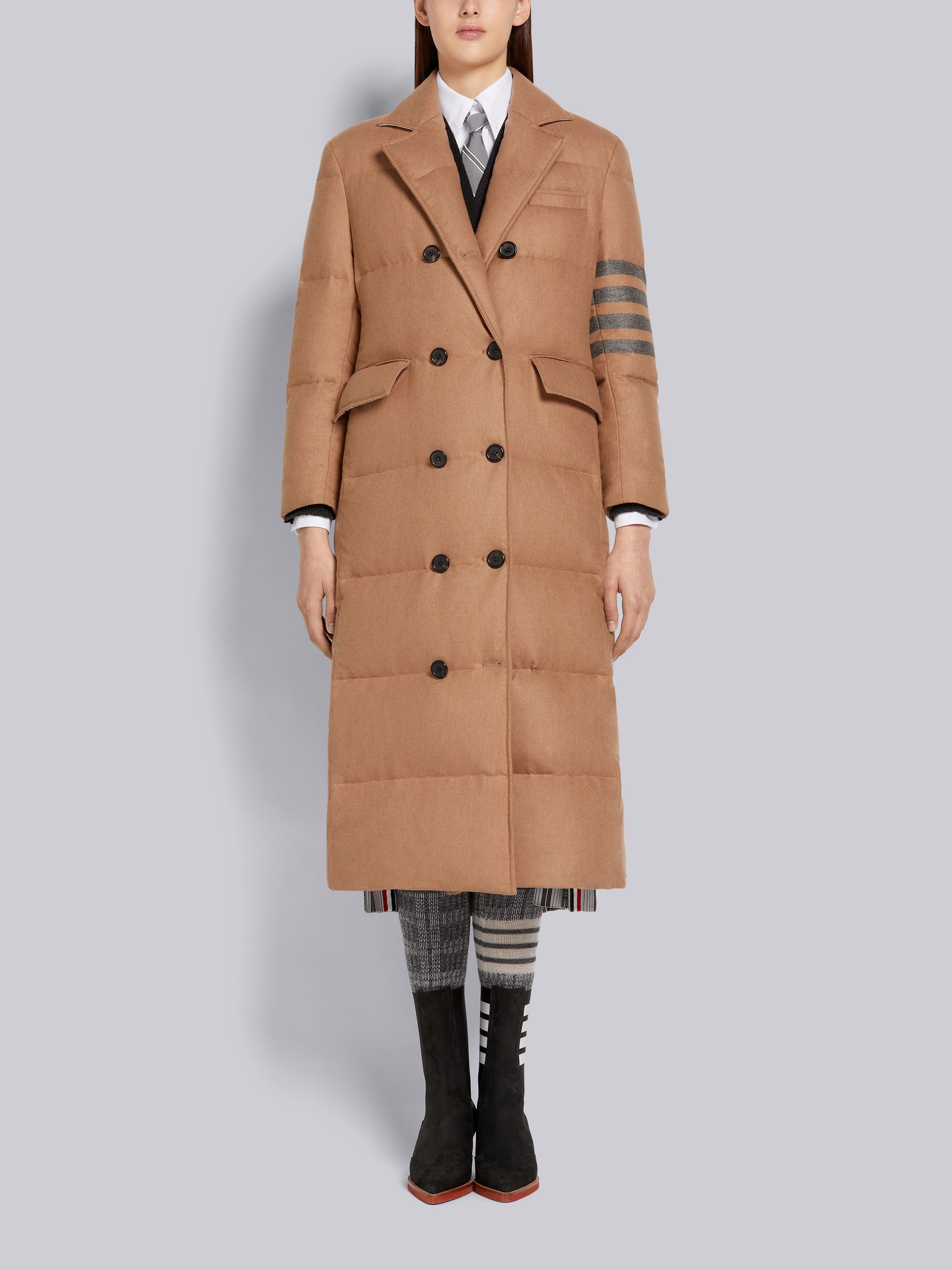 Down-Filled Jacket Weight Camel Hair 4-Bar Wide Lapel Trouser Length Double Breasted Overcoat - 1
