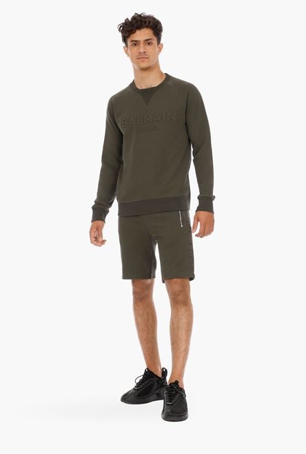 Khaki cotton shorts with embossed khaki Balmain Paris logo - 2