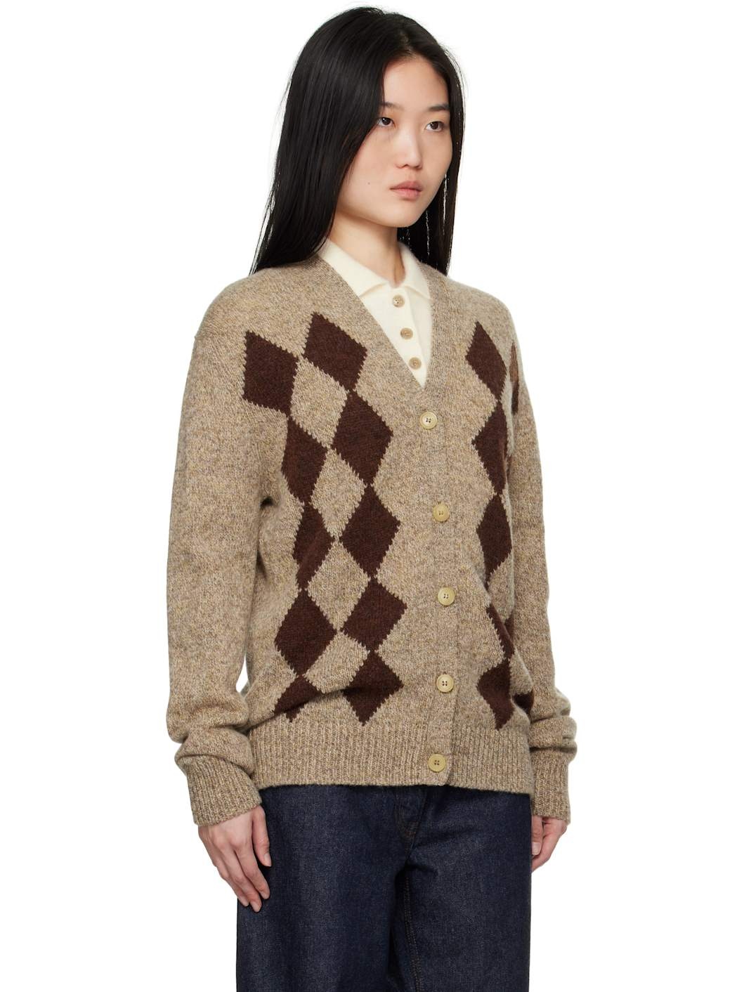 Beige & Brown Shetland Argyle Cardigan - 2