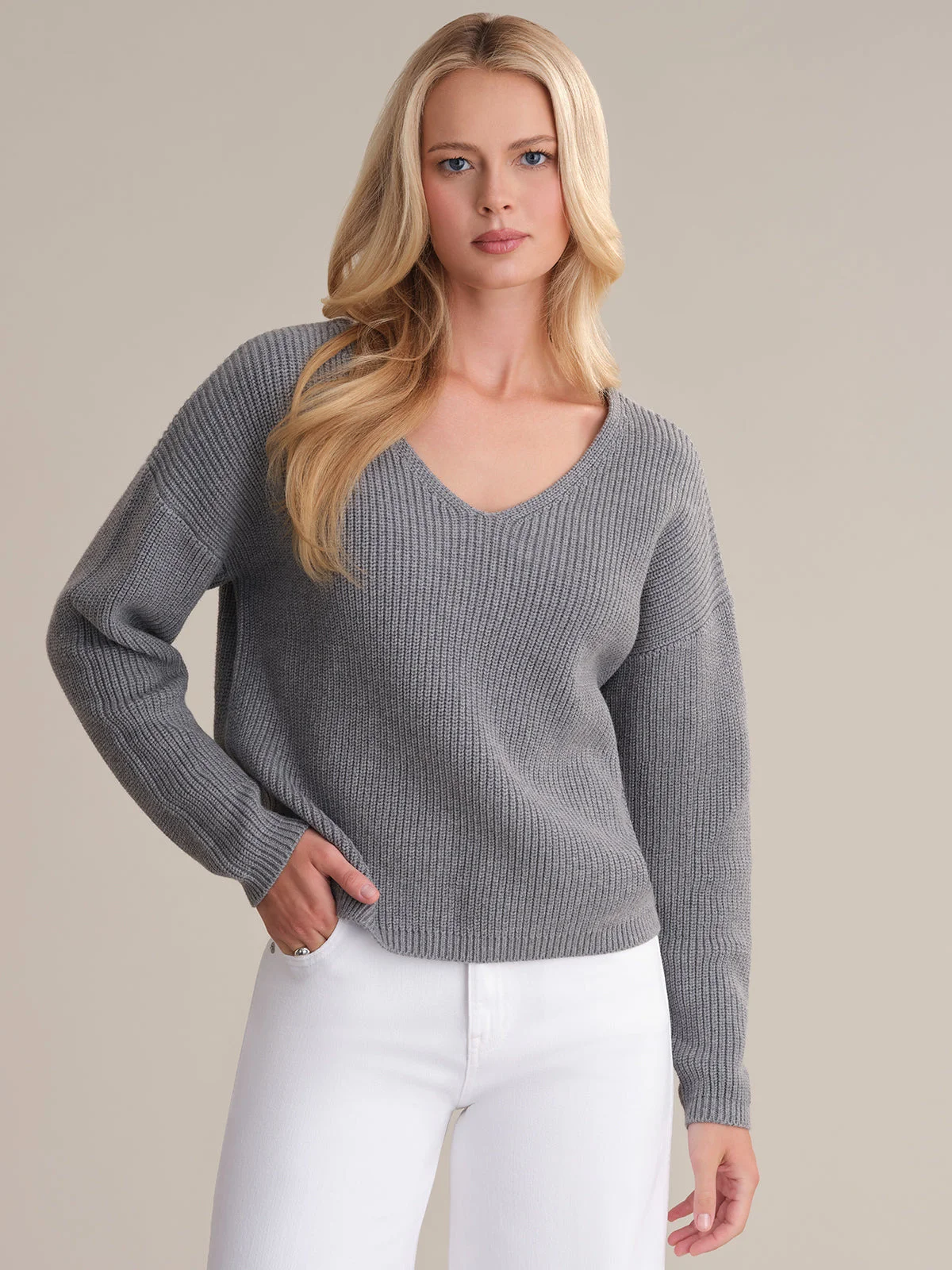 Ava: V-Neck Shaker Stitch Cotton Sweater - 1