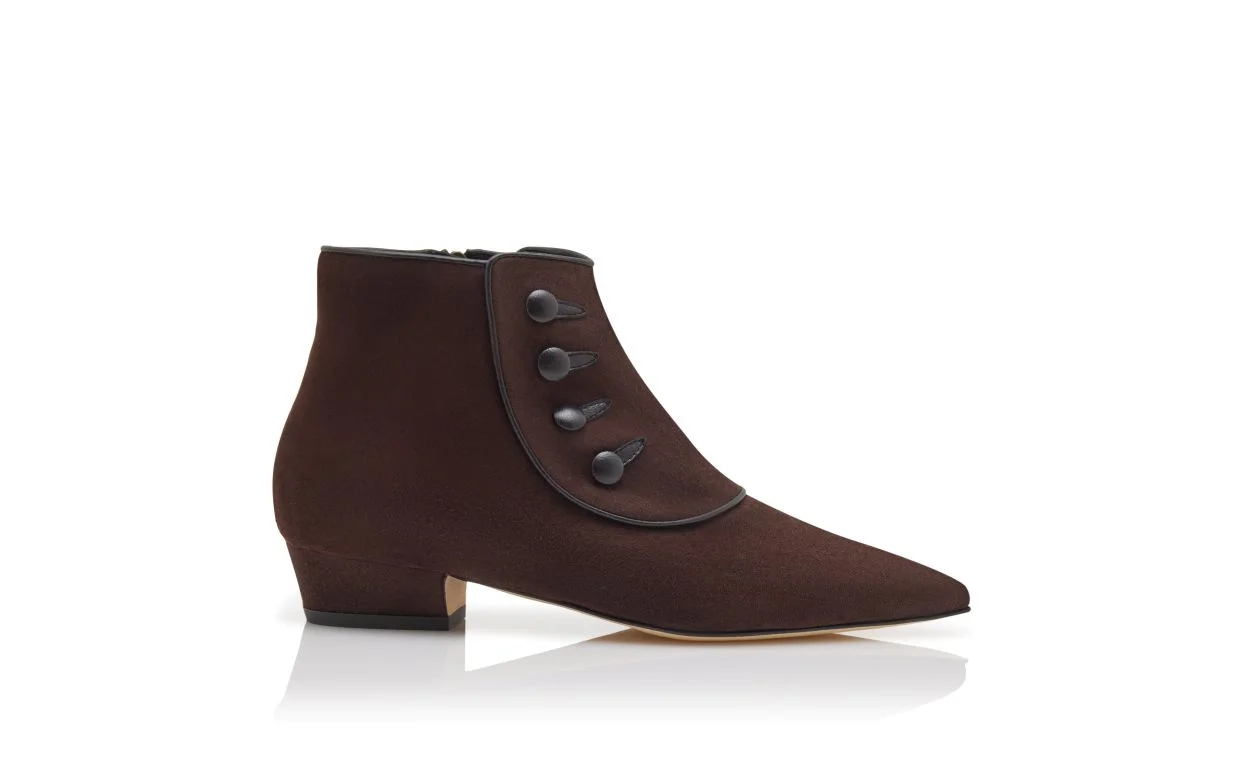 Dark Brown Suede Button Detail Ankle Boots - 1