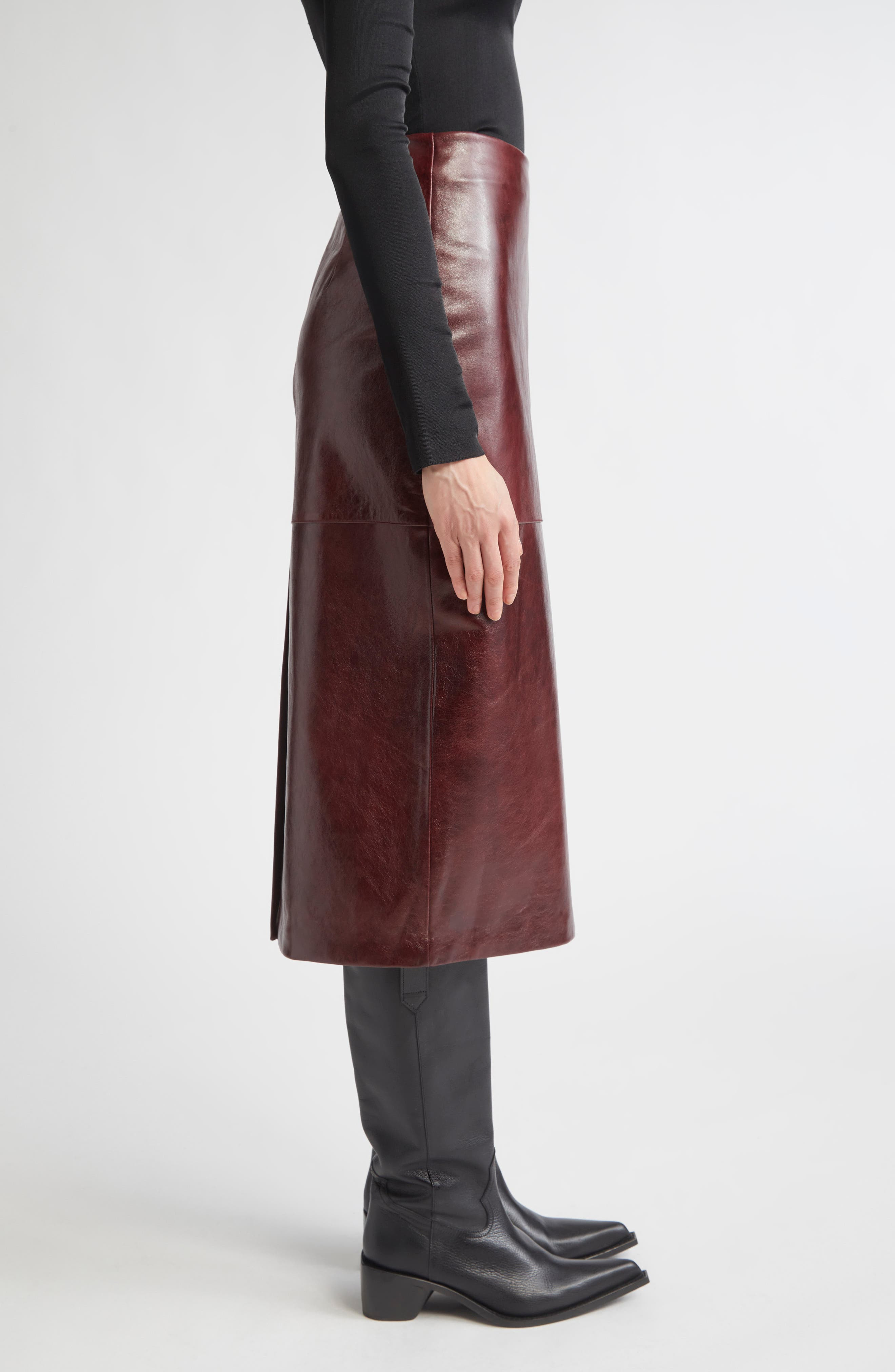 SPORTMAX Afa Lambskin Leather Midi Skirt in Bordeaux at Nordstrom - 3