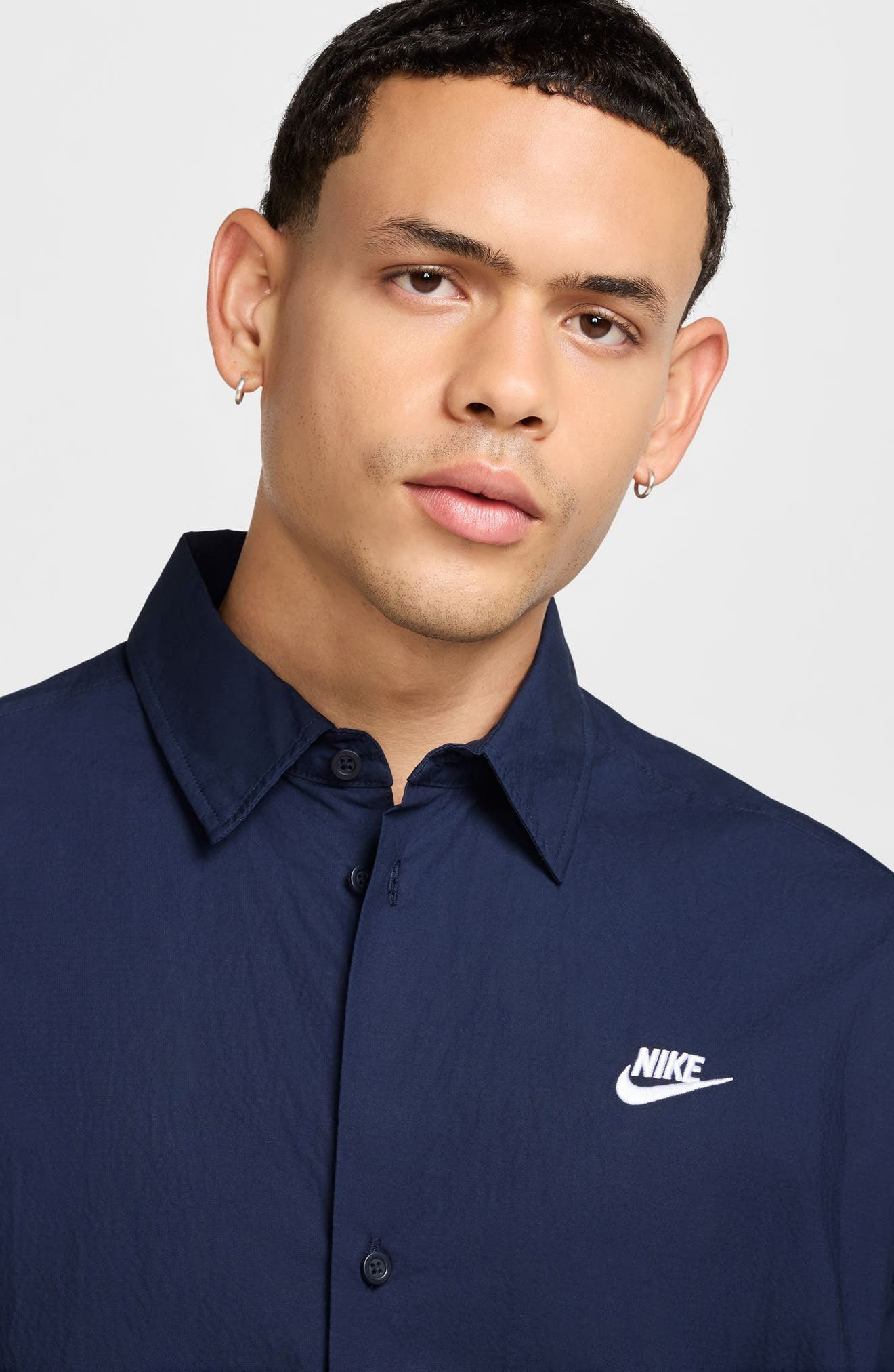 Nike Club Short Sleeve Button-Up Oversize Shirt in Obsidian/White at Nordstrom - 6