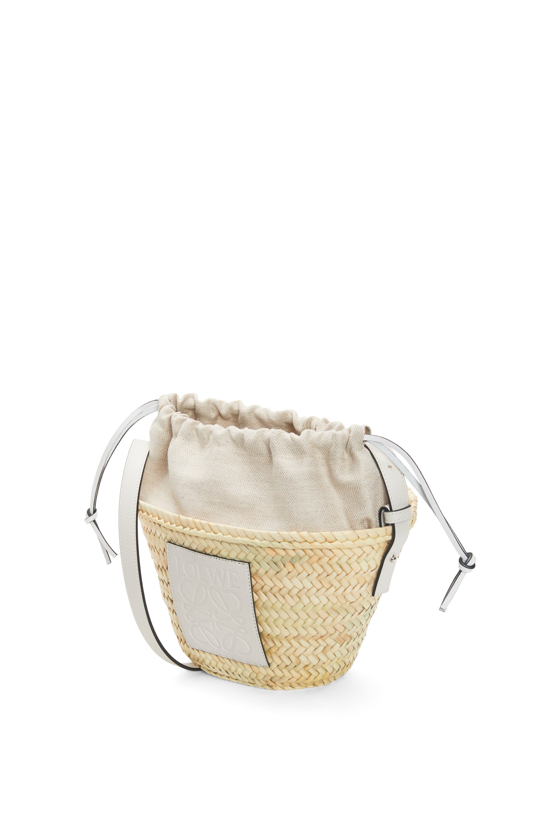 Drawstring bucket bag in palm leaf and calfskin Natural/White - LOEWE