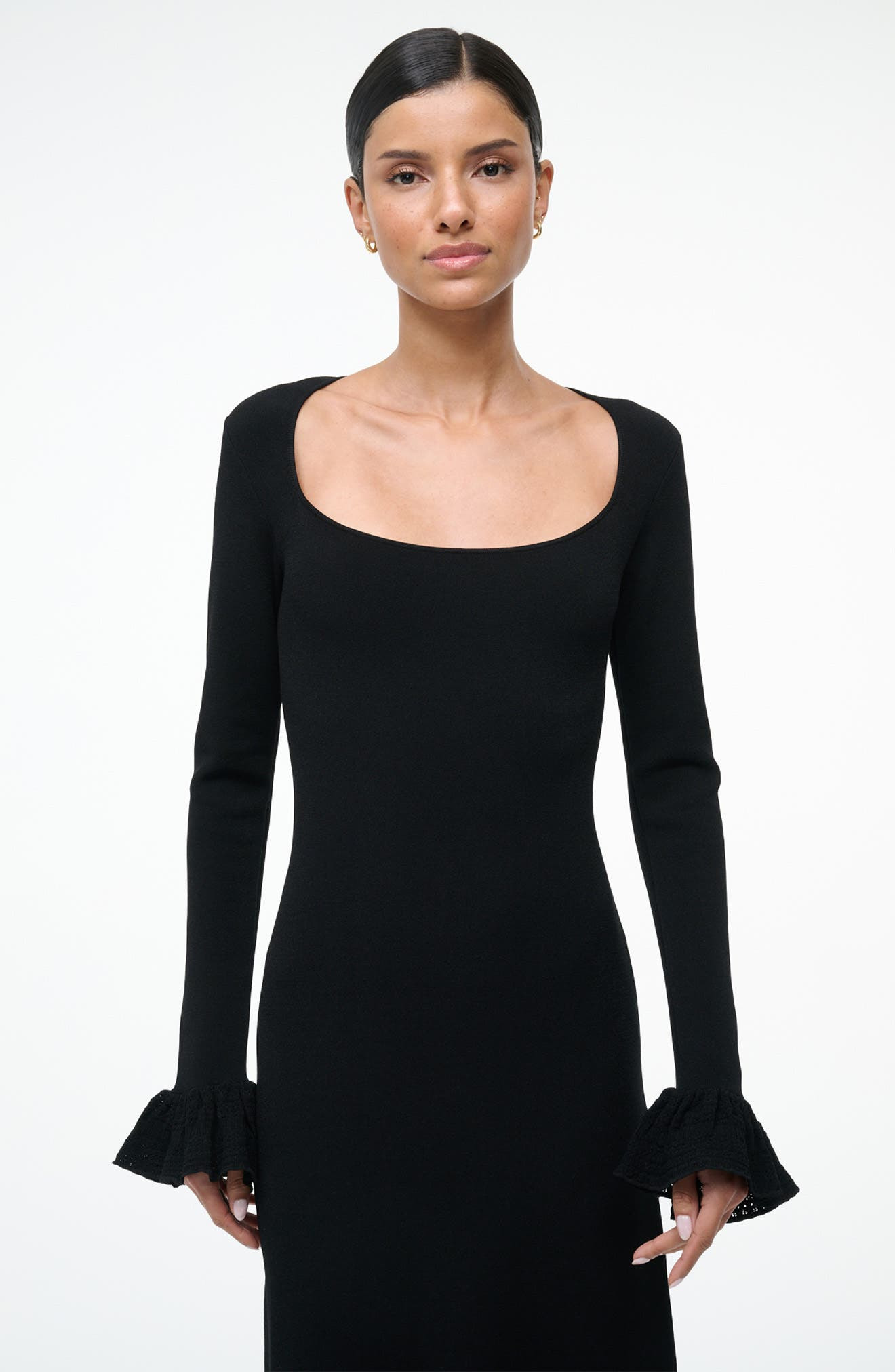 STAUD Shelley Lace & Ruffle Long Sleeve Midi Dress in Black at Nordstrom - 4
