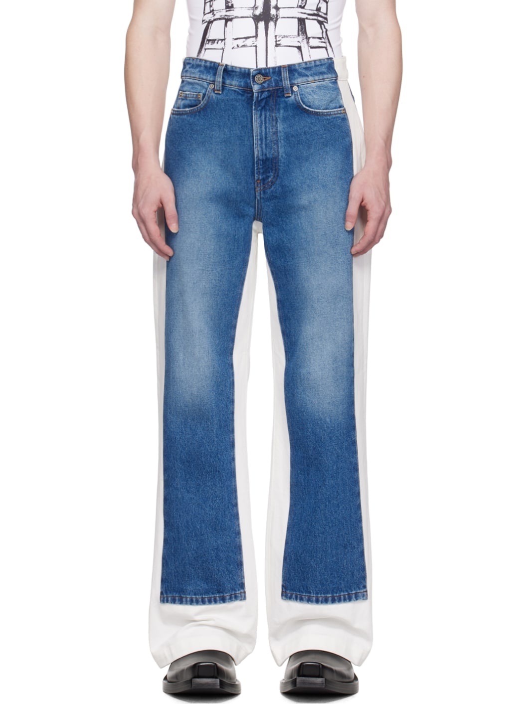 Blue & White Paneled Jeans - 1