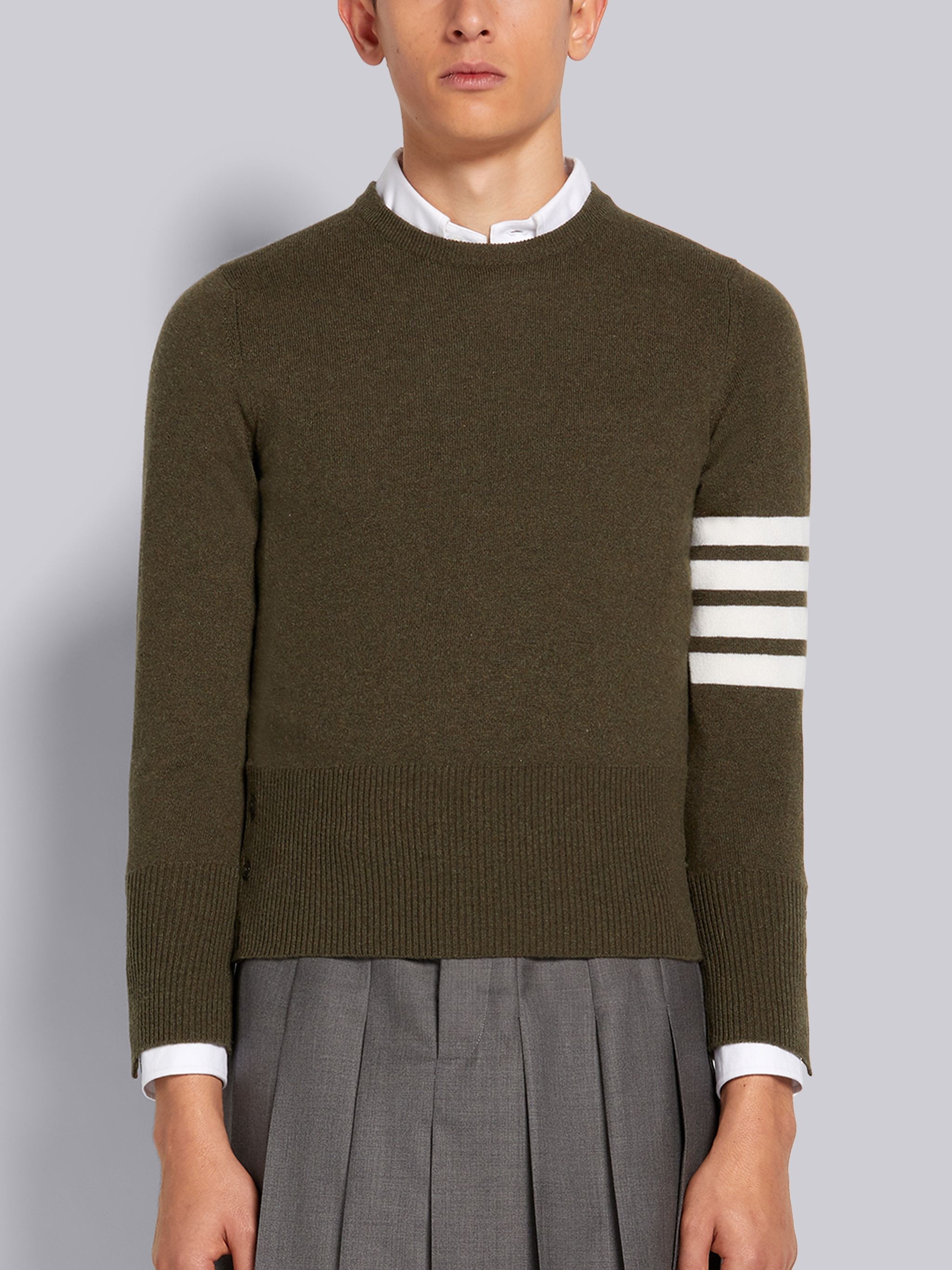 Dark Green Cashmere 4-Bar Stripe Classic Crew Neck Pullover - 1