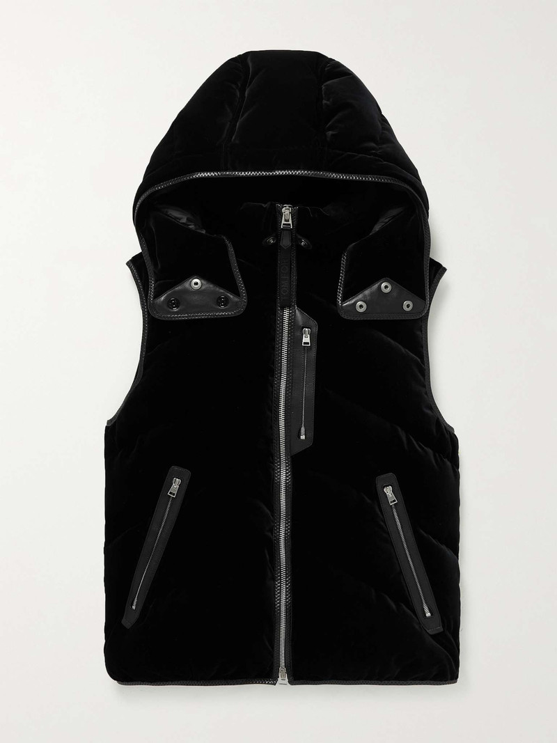 Leather-Trimmed Quilted Cotton-Velvet Down Hooded Gilet 1