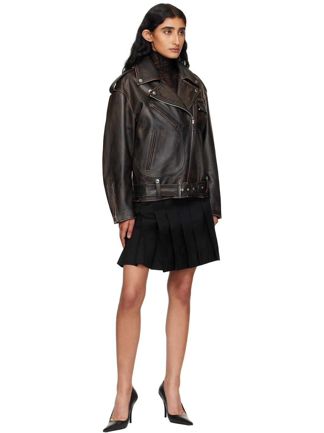 Brown Oversized Antiqued Leather Biker Jacket - 4