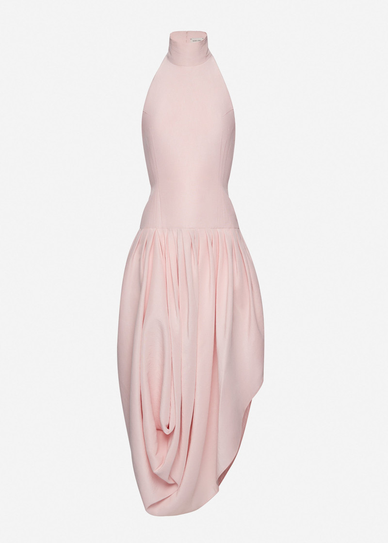 Long draped silk halterneck dress with high collar in pink 1