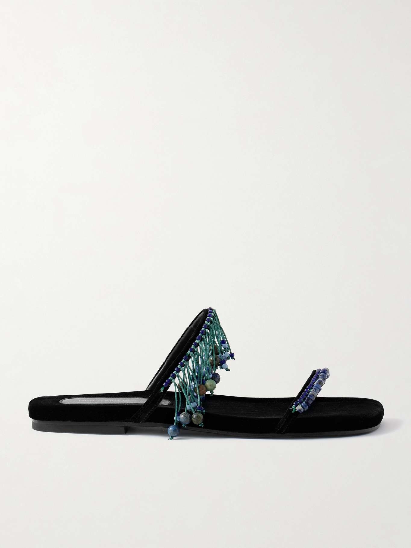 Fringed bead-embellished velvet sandals - 1