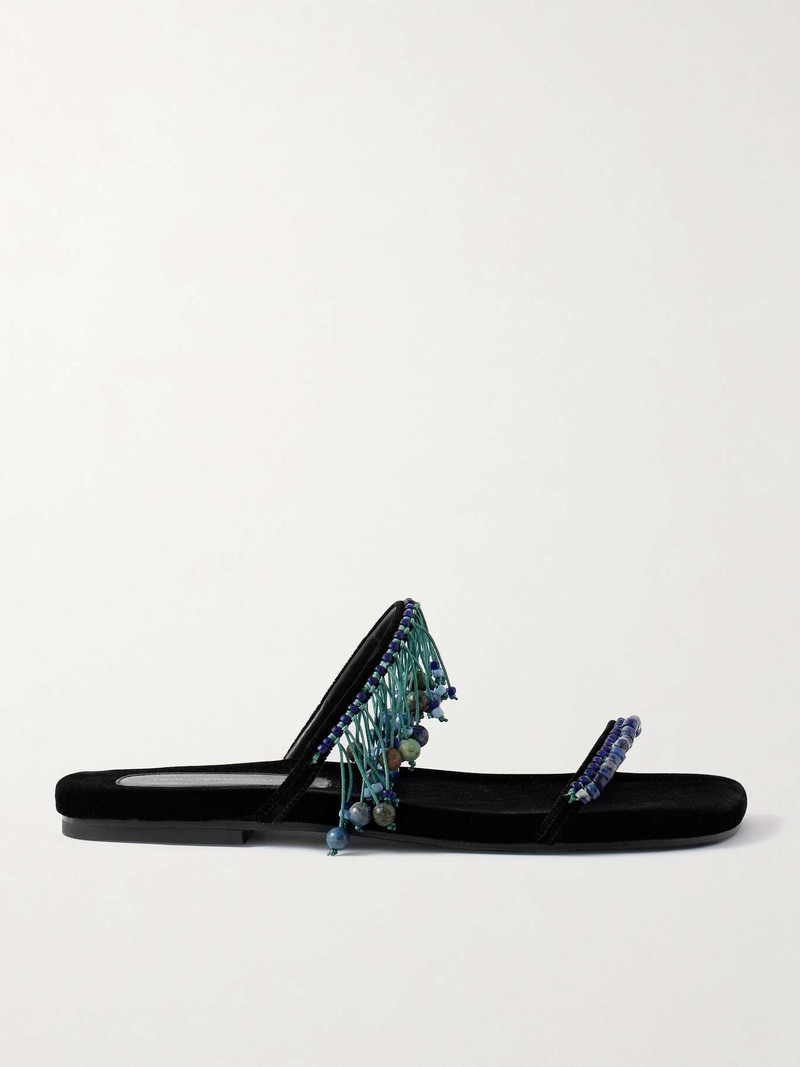 Fringed bead-embellished velvet sandals 1