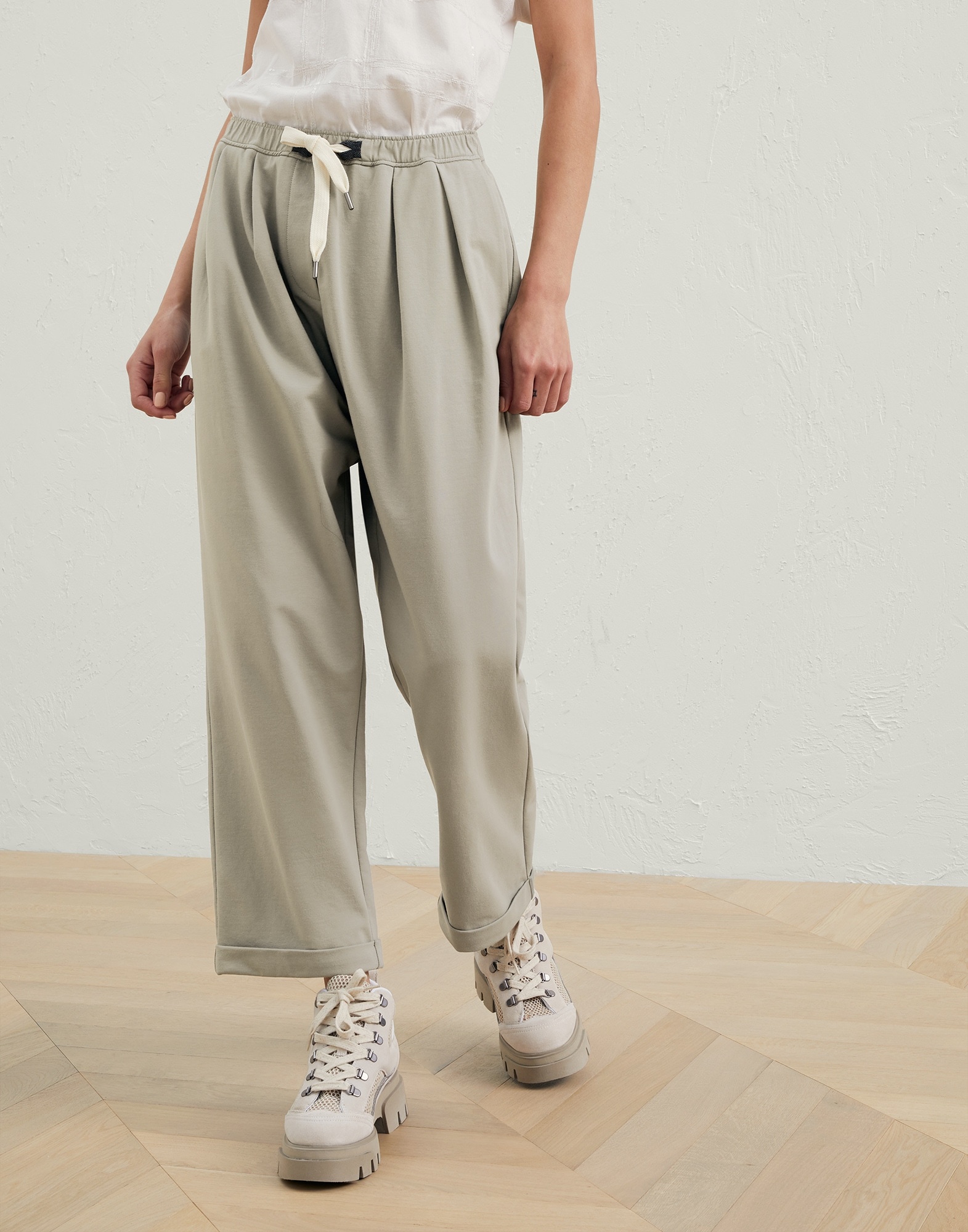 Lightweight stretch cotton trousers with shiny eyelets - 1
