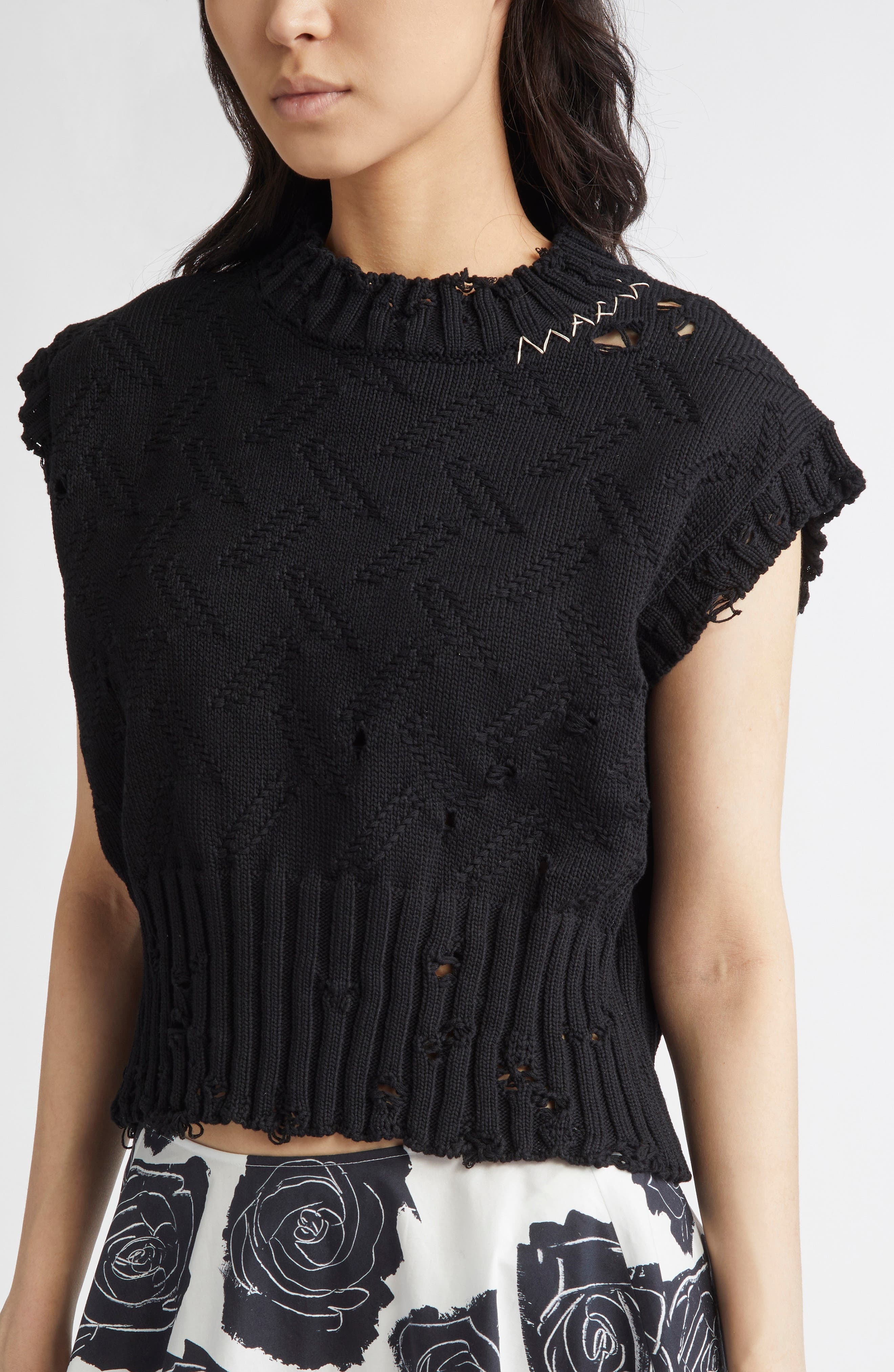 Marni Distressed Cotton Crop Sweater Vest in 00N99 Black at Nordstrom - 5