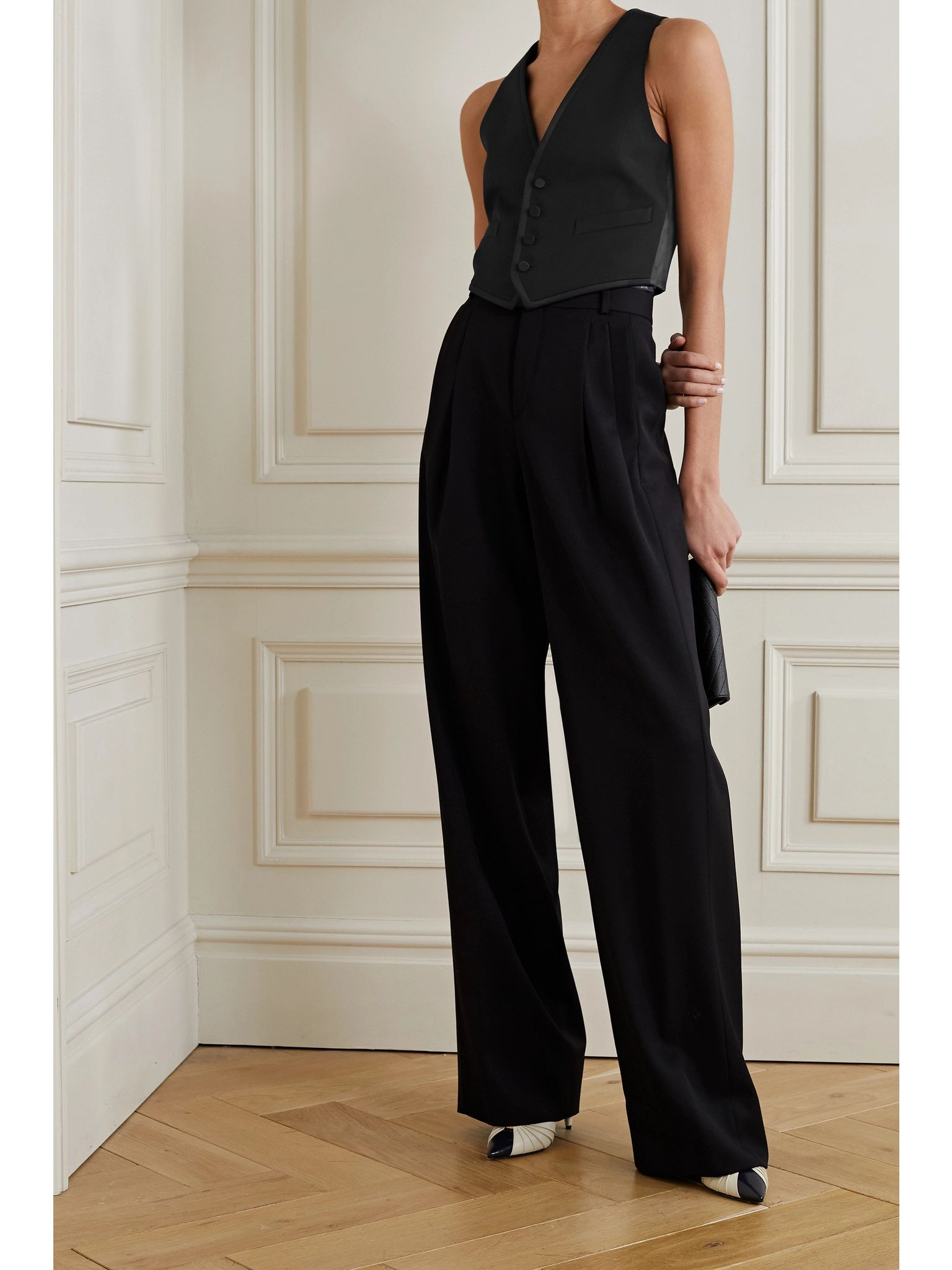 Cropped grain de poudre wool and silk-satin vest Black - 2