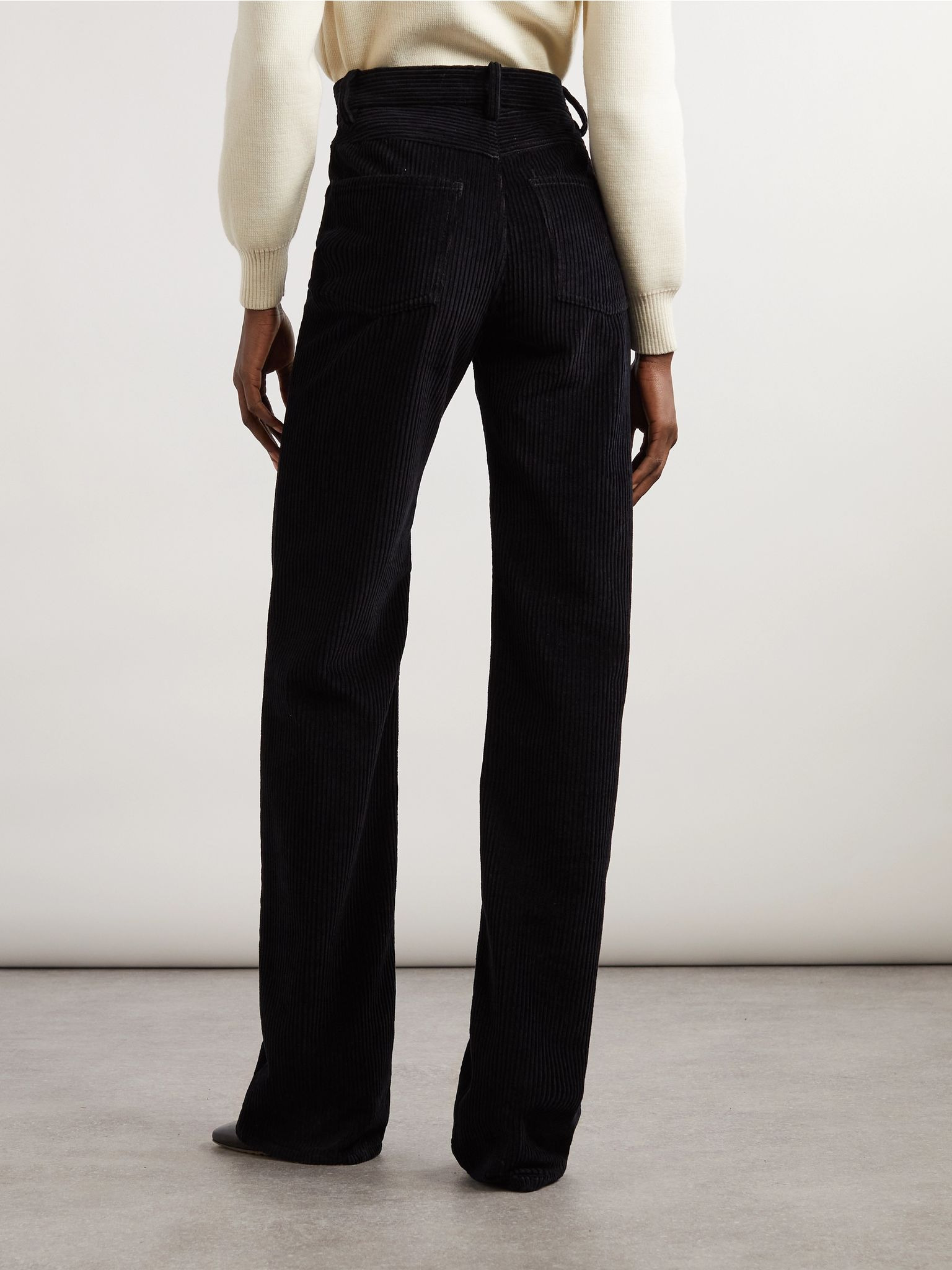 Leather-trimmed cotton-corduroy straight-leg pants Midnight blue - 4