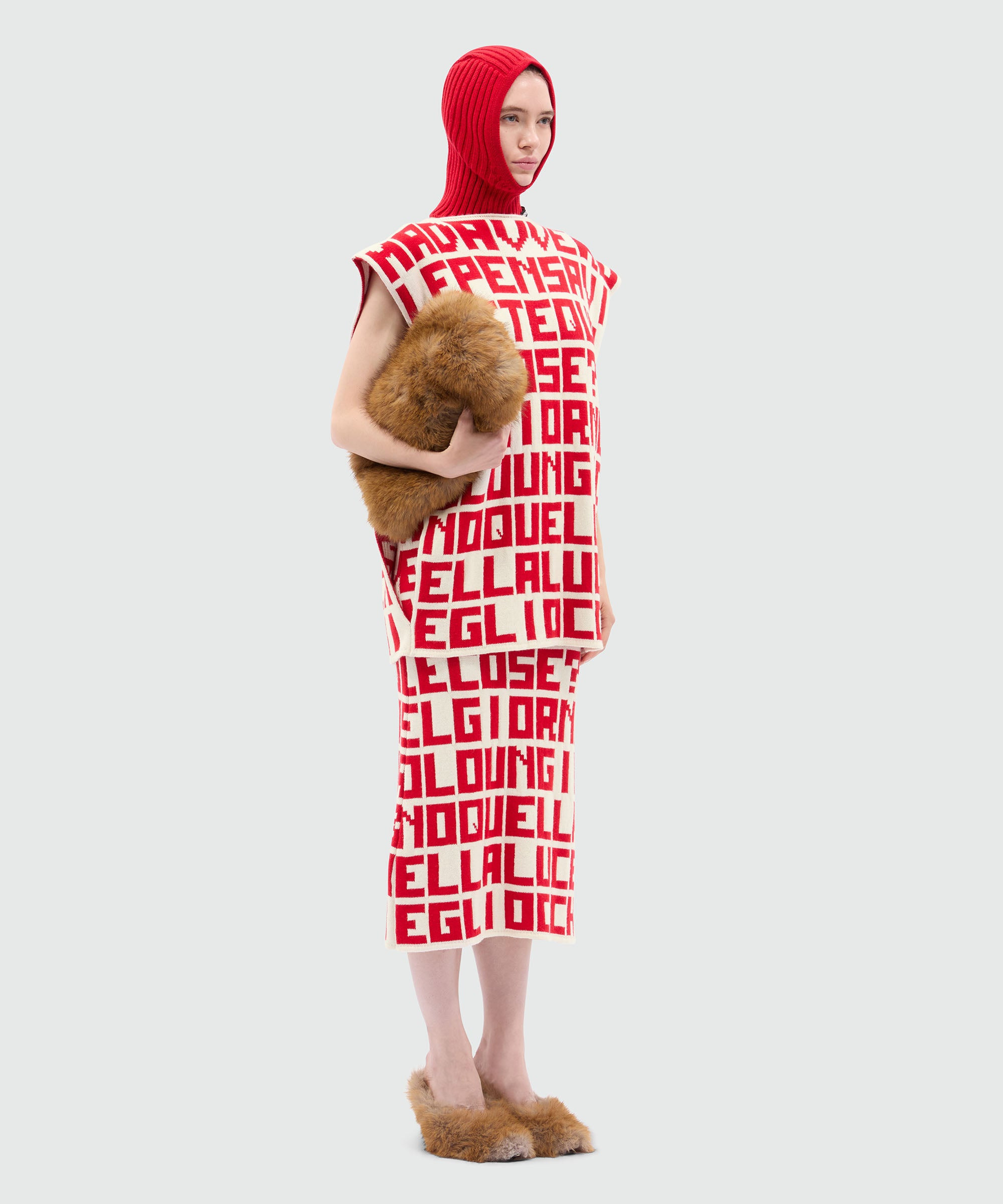 Cream jacquard knit skirt with red lettering by Caterina Frongia x MSGM - 4