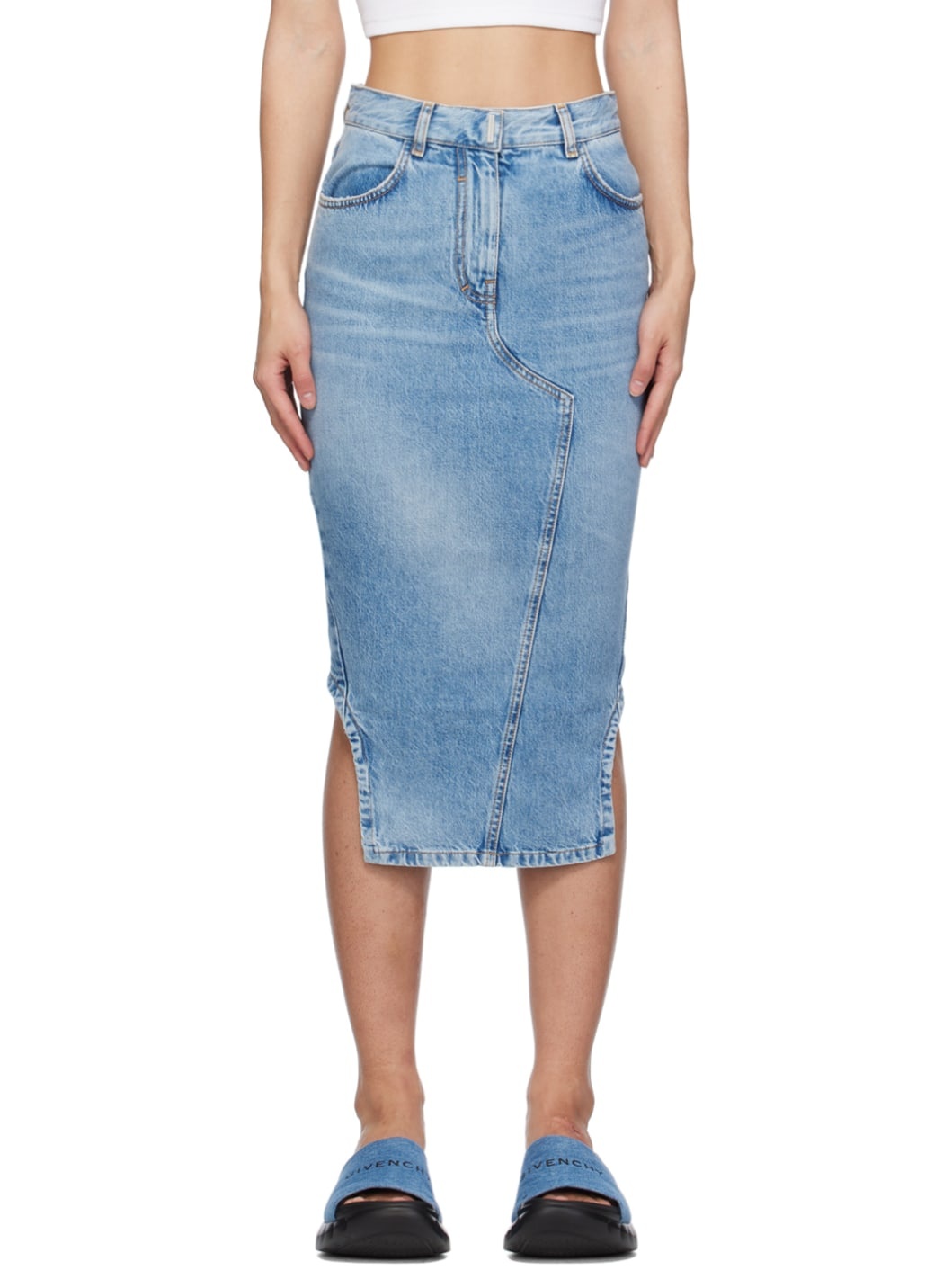 Blue Asymmetric Denim Midi Skirt - 1