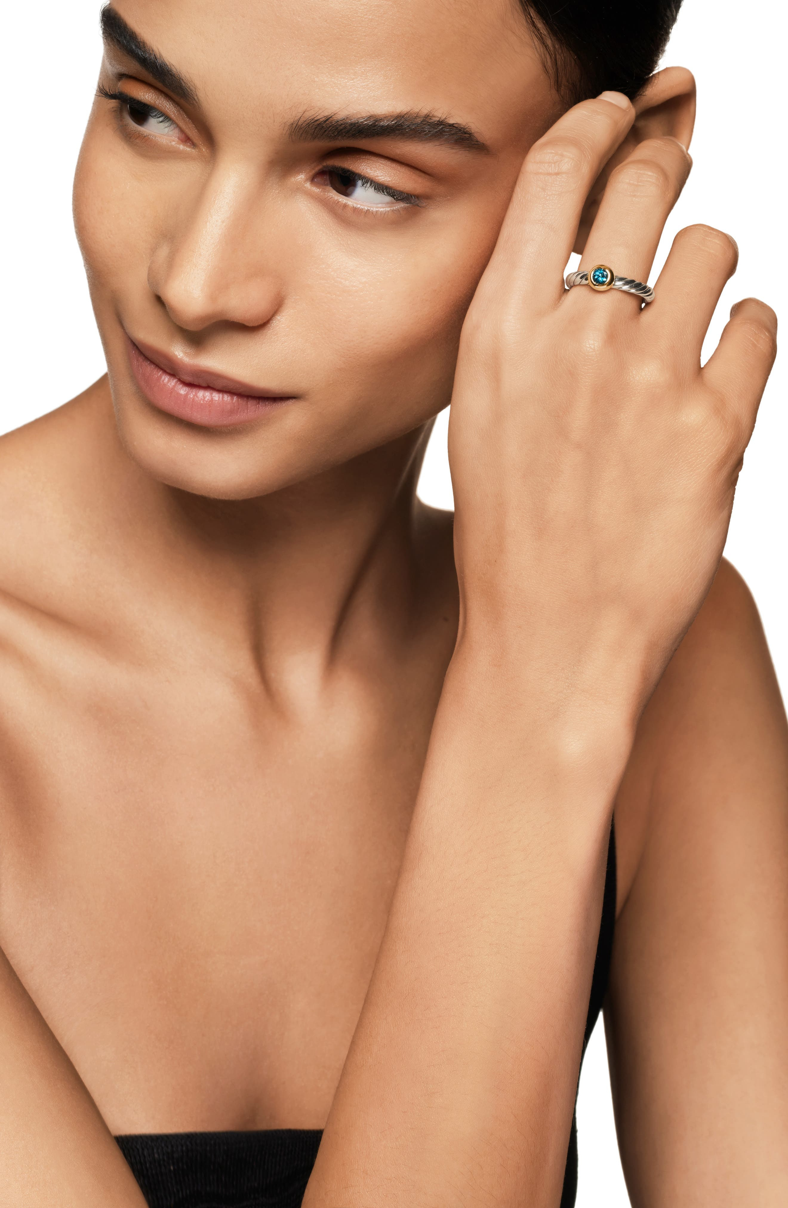 David Yurman Petite Cable Ring in Sterling Silver with 14K Yellow Gold in Silver/Gold/Blue Topaz at  - 2