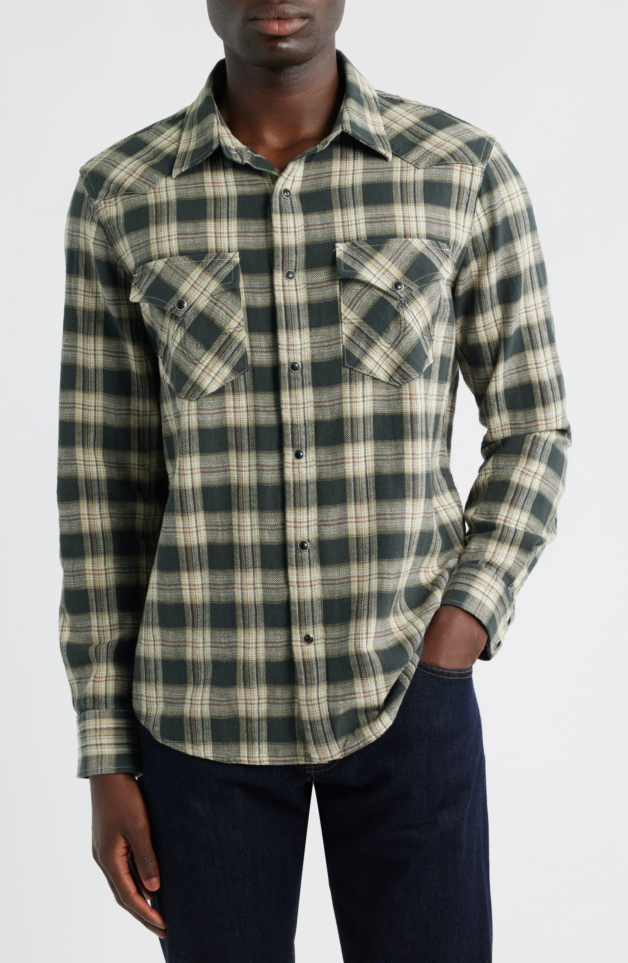 AG Huston Classic Fit Plaid Western Snap-Up Shirt in Charcoal Grey Multi at Nordstrom - 1