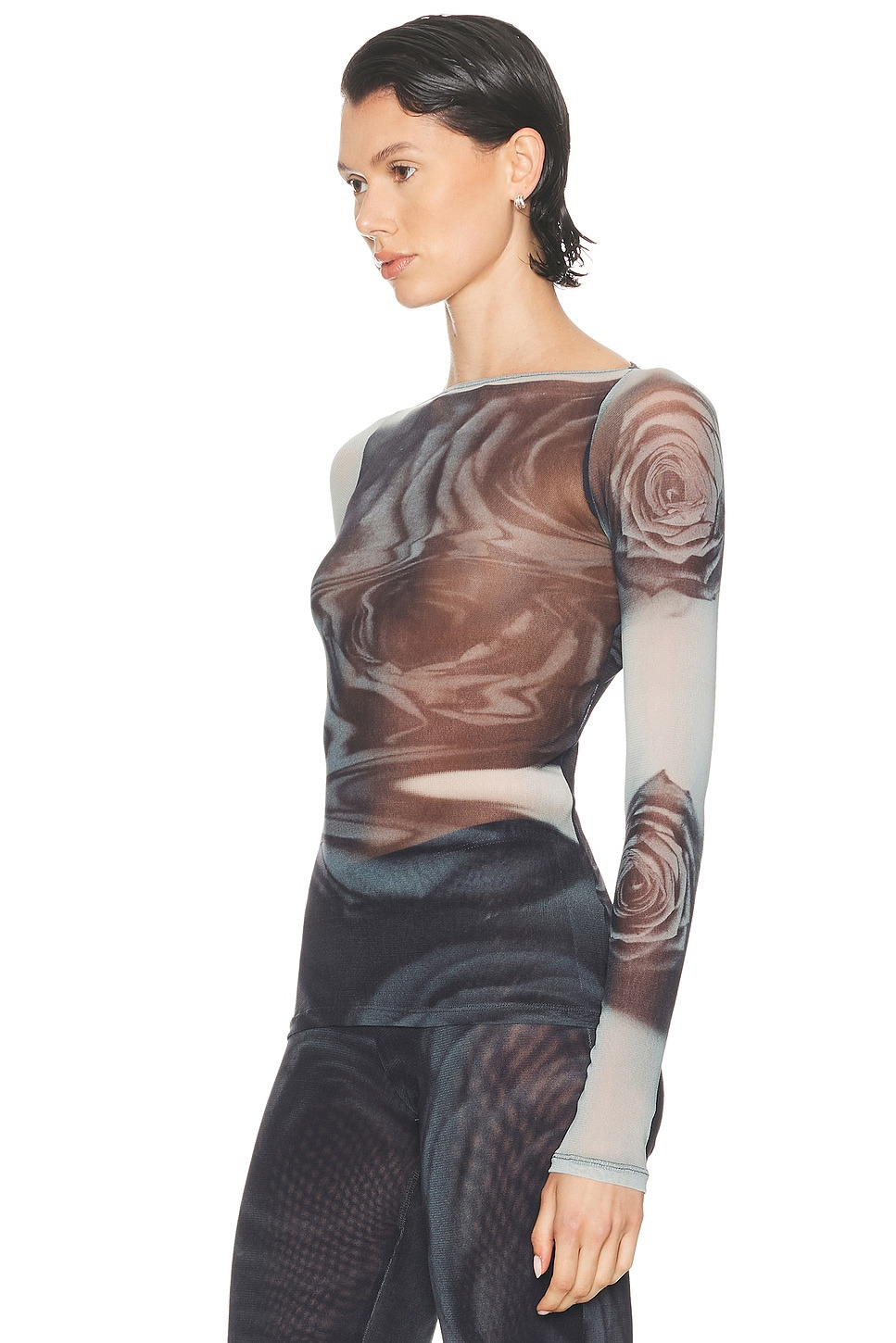 Boat Neck Blurry Roses Printed Long Sleeve Top - 3